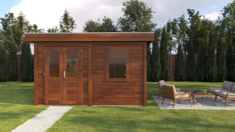 Lugarde Select Modern Gartenstudio Freiburg 388 x 250 cm, mittlere Gartenperspektive bei geschlossener Tür, in einer warmen braunen Ausführung, Darstellung 1 von 10