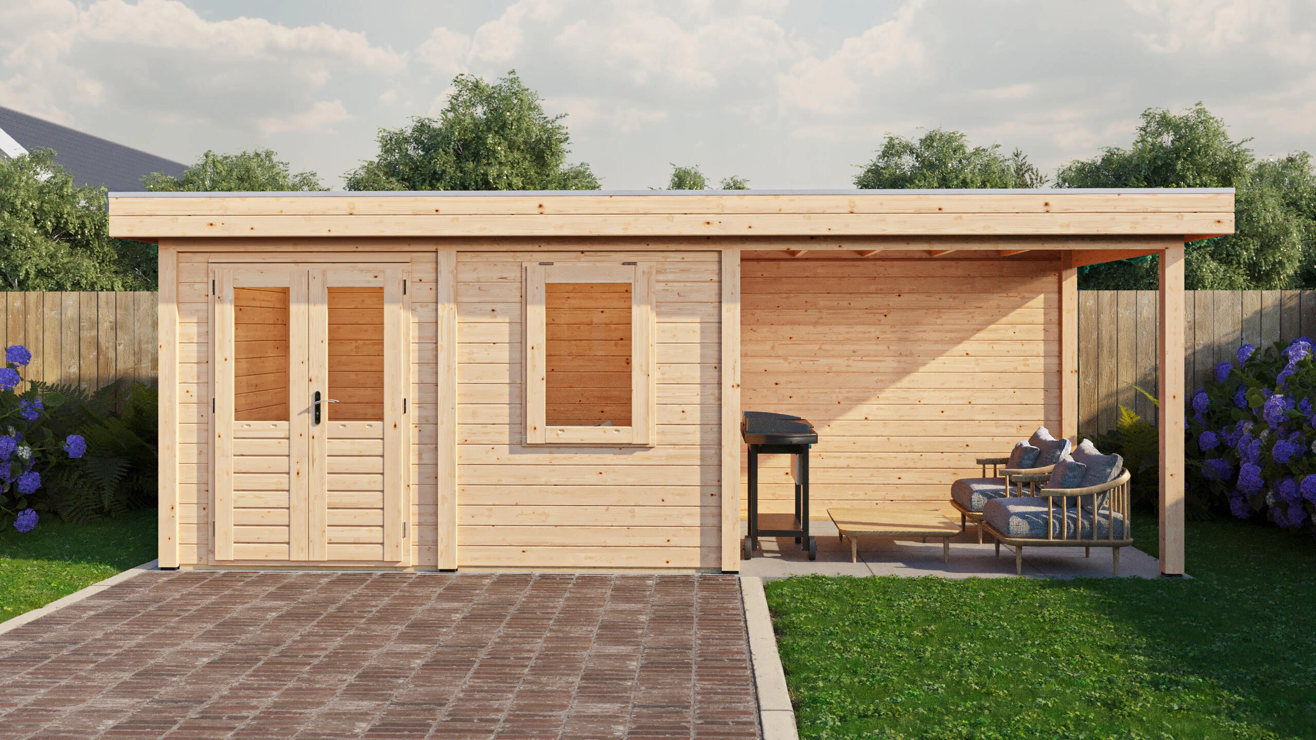 Lugarde Select Modern Gerätehaus Rostock 388 x 250 cm mit 300 cm Vordach, mittlere Gartenperspektive bei geschlossener Tür, in heller Naturholzoptik, Motivansicht 9 von 15