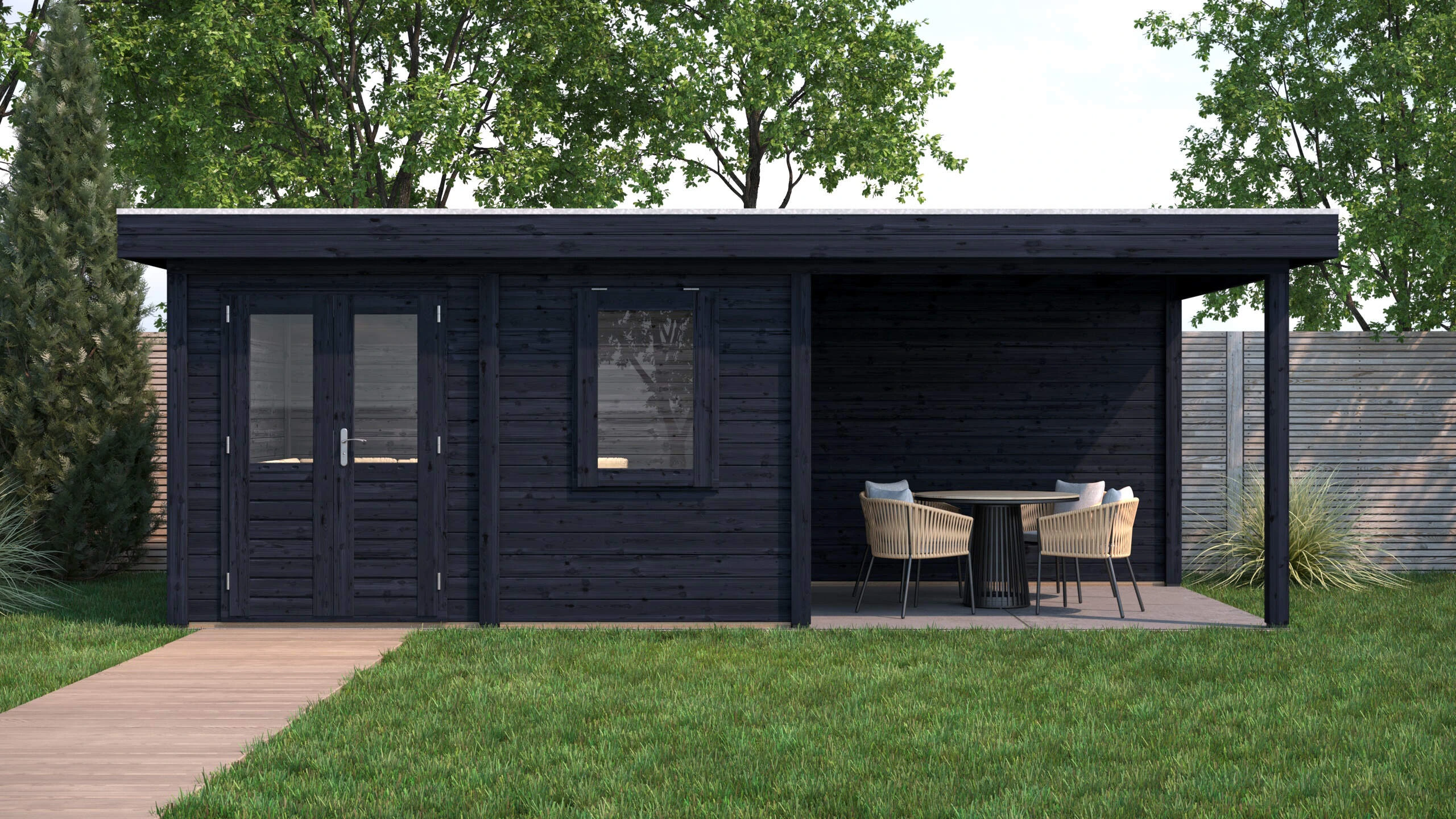 mittlere Gartenperspektive bei geschlossener Tür: Lugarde Select Modern Gartenstudio Hamm 388 x 300 cm mit 300 cm Vordach, in einer markanten schwarzen Ausführung, Bildvariante 1 von 18