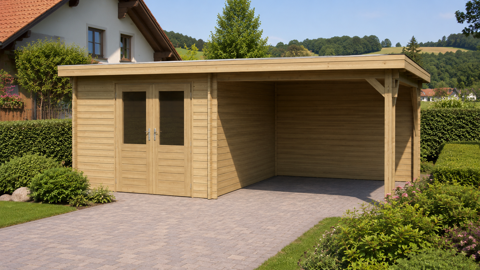 Lugarde Blockbohlenhaus Dahlie 250 x 250 cm mit 250 cm Seitendach in der Frontansicht für mehr Ordnung im Garten
