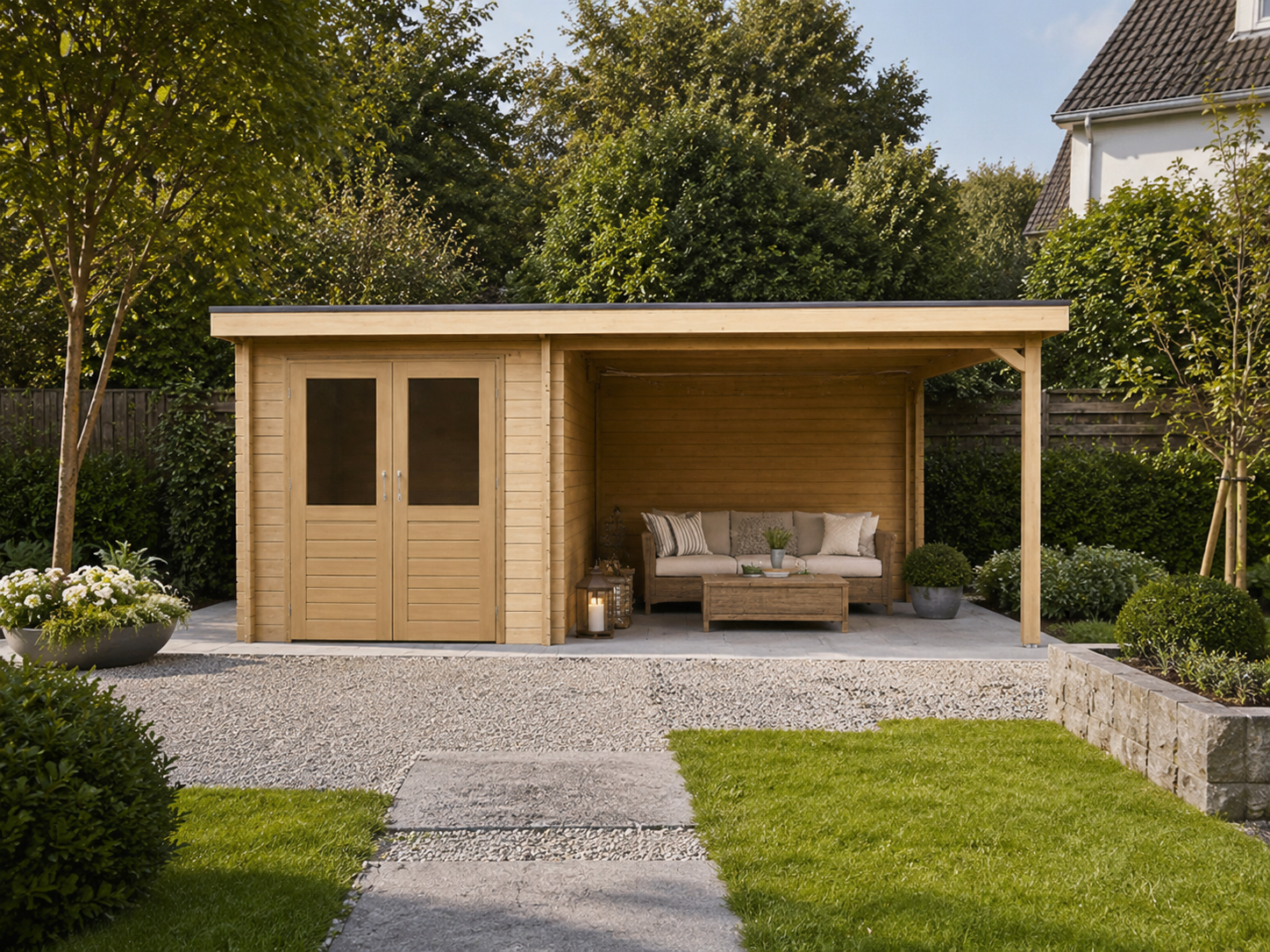 Lugarde Holz-Gartenhaus Rosmarin 200 x 300 cm mit 400 cm Überdachung in der Frontansicht