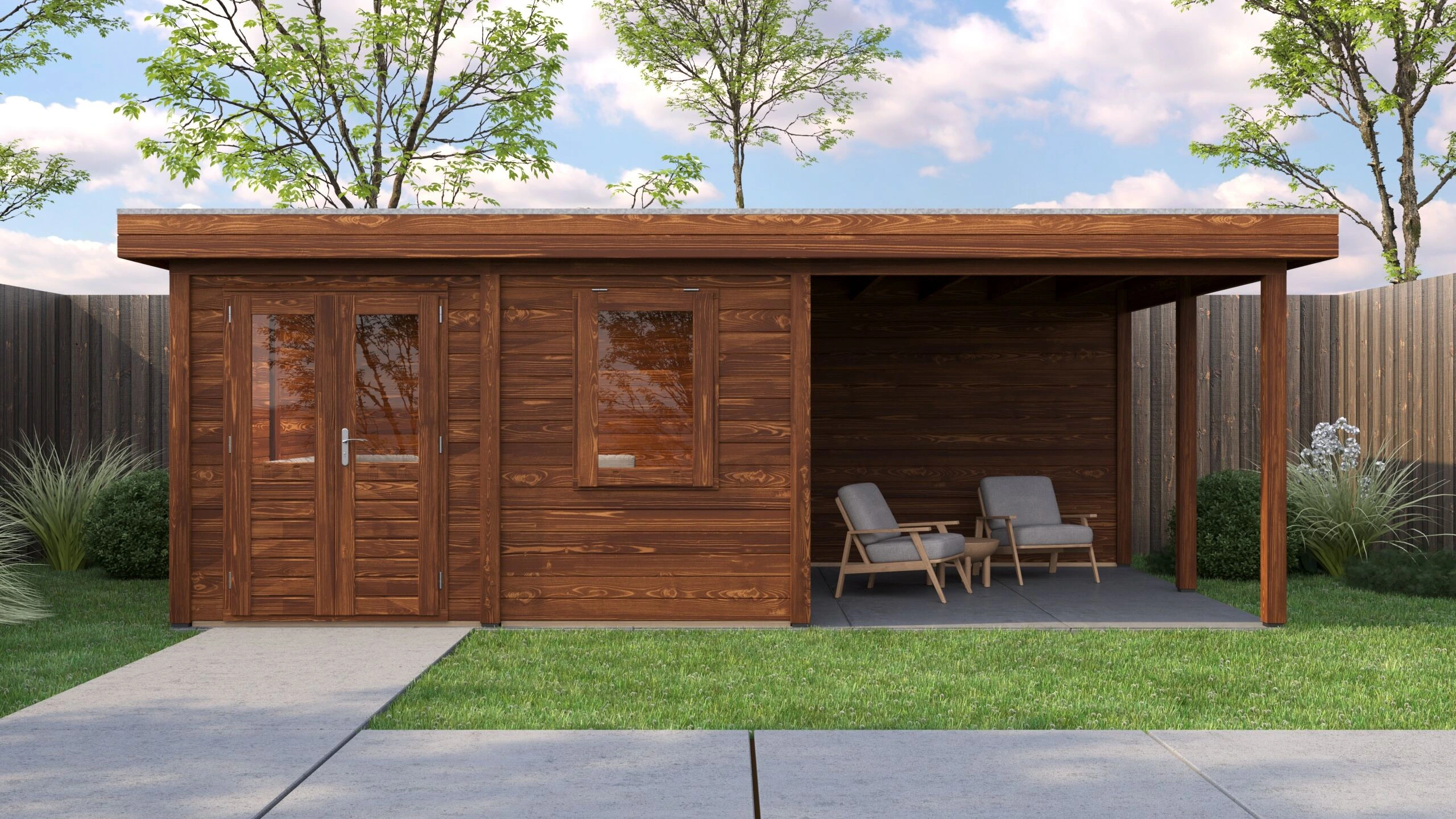 Lugarde Select Modern Lugarde-Haus Regensburg 388 x 388 cm mit 300 cm Vordach in einer warmen braunen Ausführung, mittlere Gartenperspektive bei geschlossener Tür, Bildvariante 1 von 20