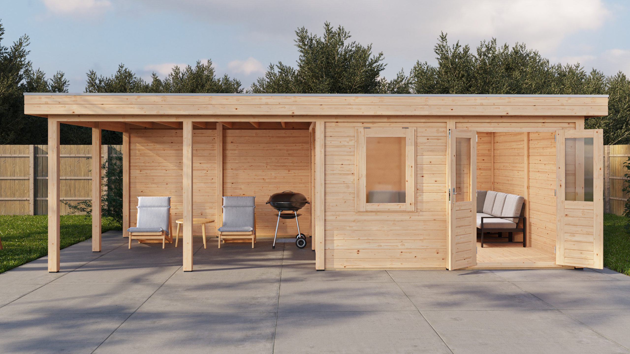 Ulm: Gerätehaus aus der Lugarde Select Modern Reihe – Gartenansicht, Tür offen, Naturholz, mit 400 cm Vordach, Bild 7 von 15 Gartenansicht, Tür offen – Lugarde Select Modern Gartenstudio Ulm 388 x 388 cm mit 400 cm Vordach, in einer freundlichen Naturholzoptik, Motivansicht 7 von 15