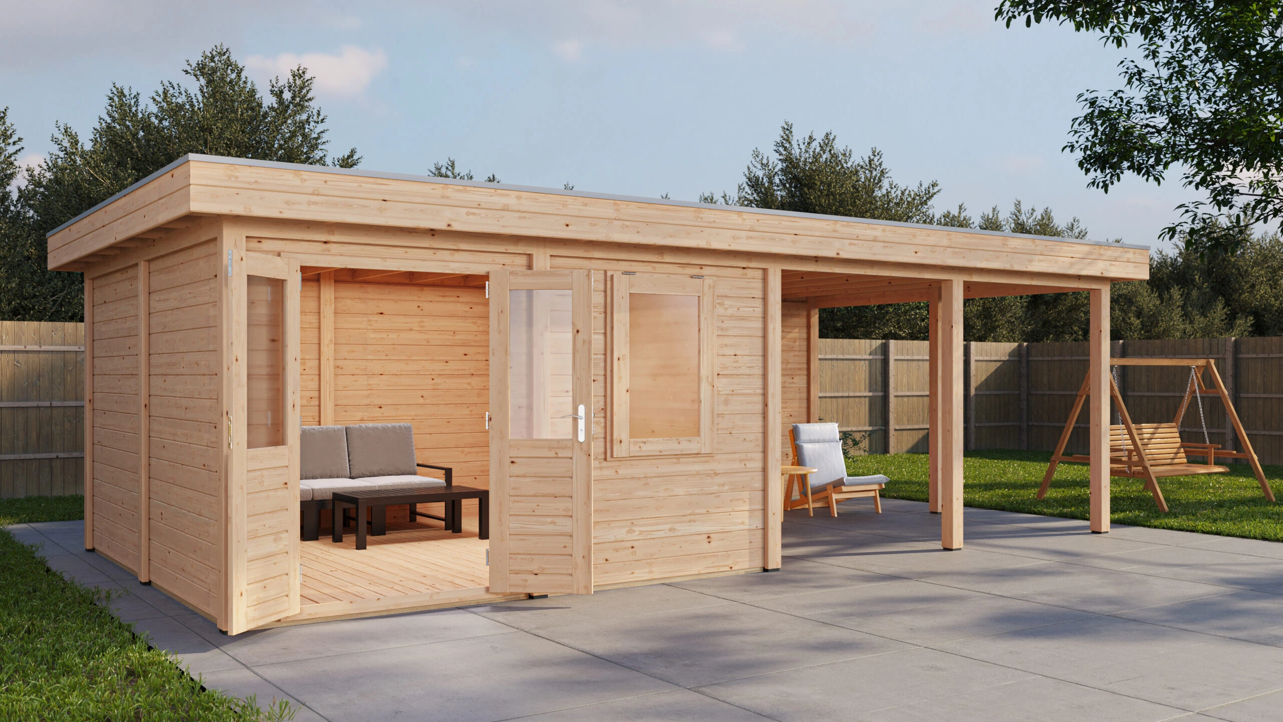 Ansicht links, Tür offen: Lugarde Select Modern Blockbohlenhaus Ulm 388 x 388 cm, Naturholz, mit 400 cm Vordach, Bild 1 von 4 Ulm 388 x 388 cm: Lugarde Select Modern Gartenstudio mit 400 cm Vordach, in einer freundlichen Naturholzoptik, Gartenansicht von links bei offener Tür, Aufnahme 1 von 4