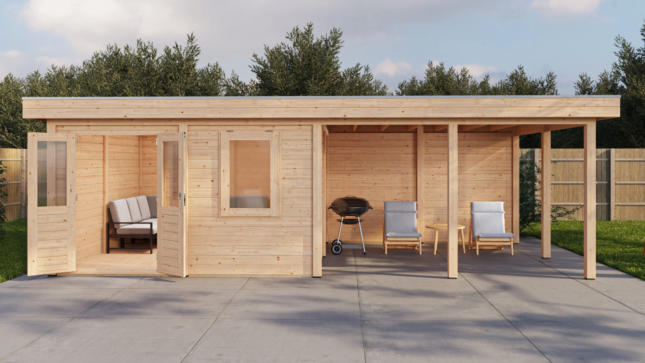 Ulm: Blockbohlenhaus aus der Lugarde Select Modern Reihe – Gartenansicht, Tür offen, Naturholz, mit 400 cm Vordach, Bild 1 von 15 Gartenansicht, Tür offen – Lugarde Select Modern Blockhaus Ulm 388 x 388 cm mit 400 cm Vordach, in einer freundlichen Naturholzoptik, Motivansicht 1 von 15