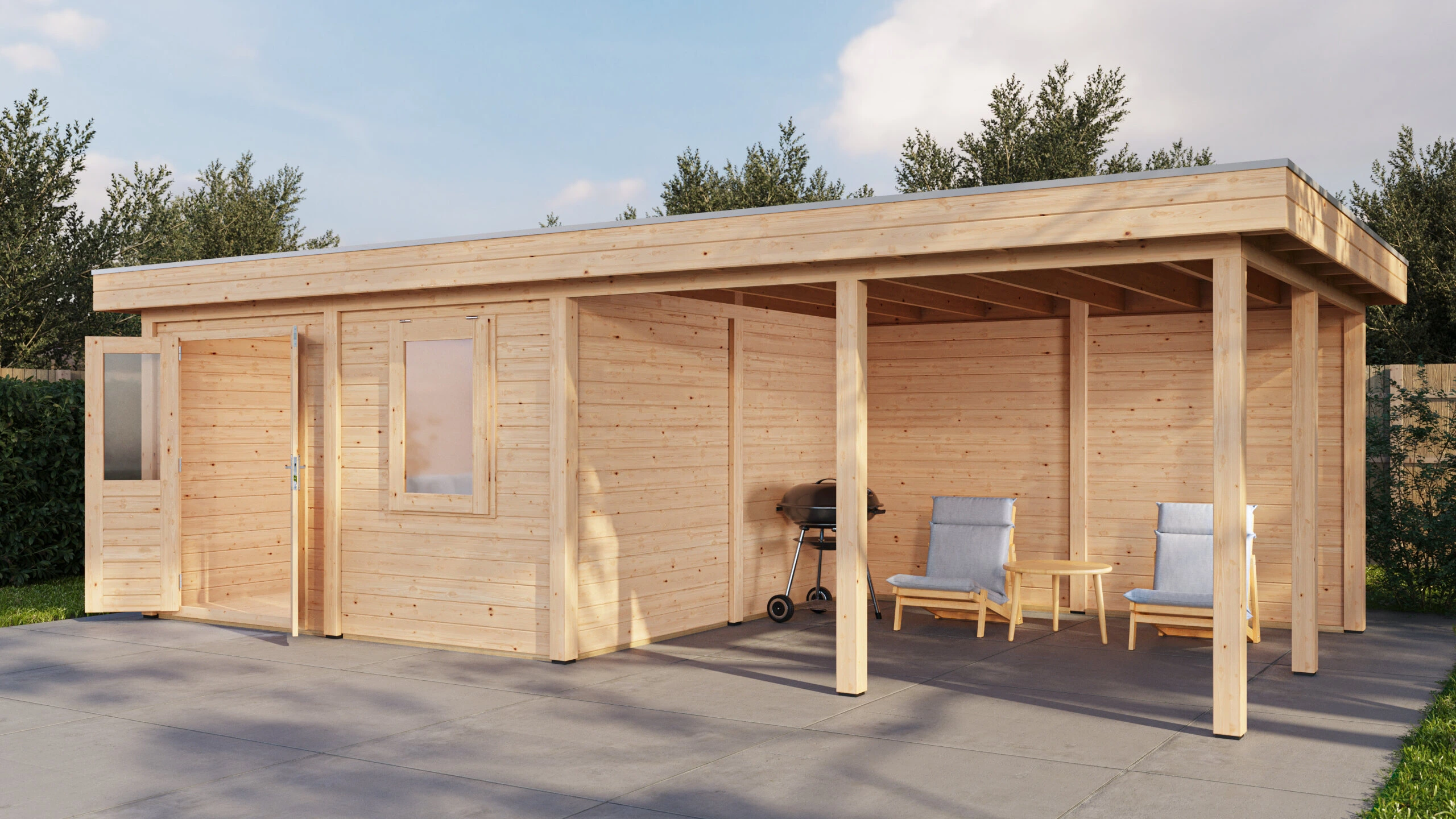Ulm: Lugarde Select Modern Gartenhaus 388 x 388 cm – Ansicht rechts, Tür offen, Naturholz, mit 400 cm Vordach, Bild 1 von 4 rechte Gartenperspektive mit geöffneter Tür: Lugarde Select Modern Lugarde-Haus Ulm 388 x 388 cm mit 400 cm Vordach, in natürlicher Holzoptik mit sichtbarer Maserung, Darstellung 1 von 4