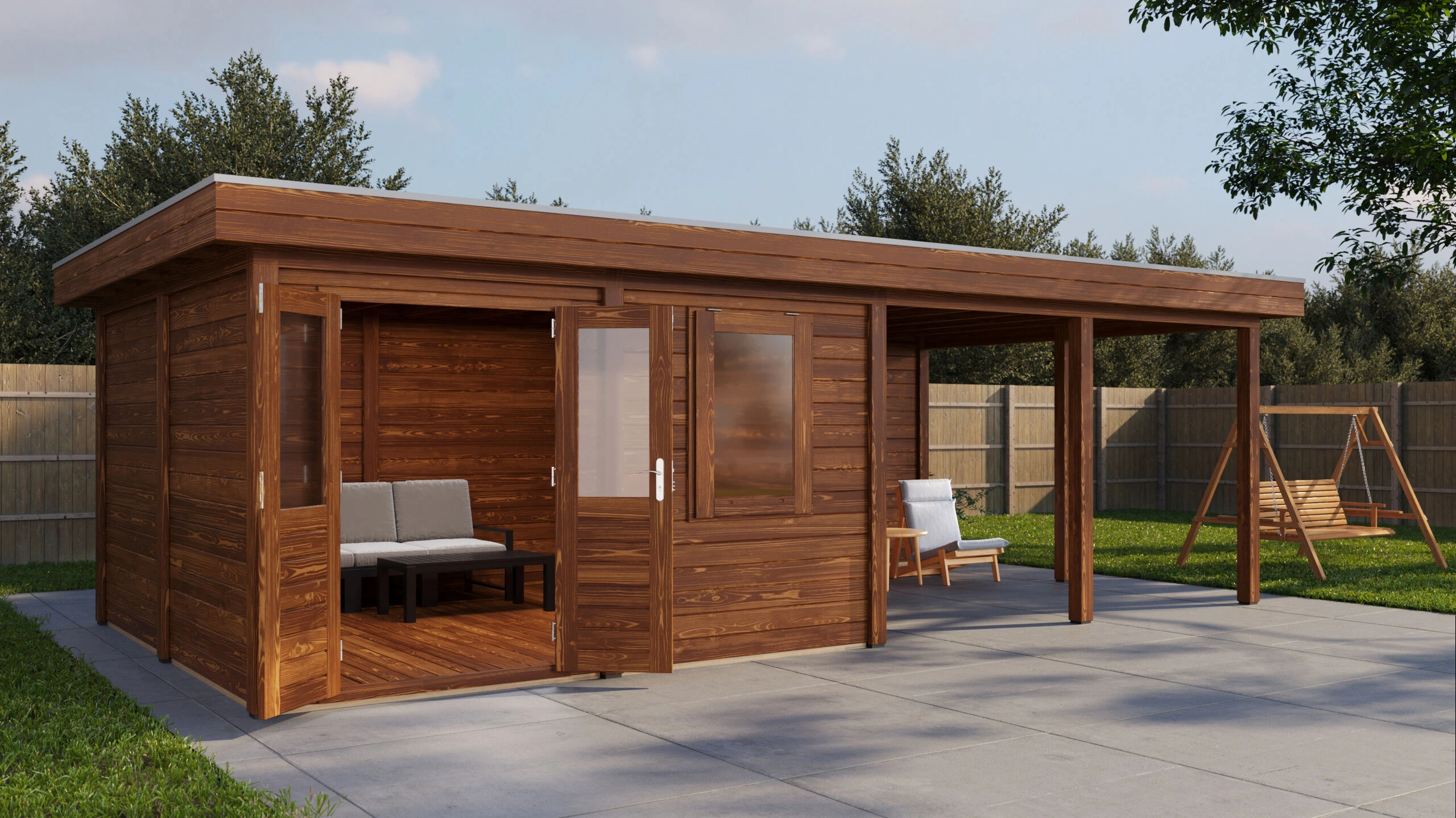 Ansicht links, Tür offen: Lugarde Select Modern Gartenstudio Ulm 388 x 388 cm, Braun, mit 400 cm Vordach, Bild 1 von 4 Ulm 388 x 388 cm: Lugarde Select Modern Blockbohlenhaus mit 400 cm Vordach, in warmem Braun, Gartenansicht von links bei offener Tür, Aufnahme 1 von 4