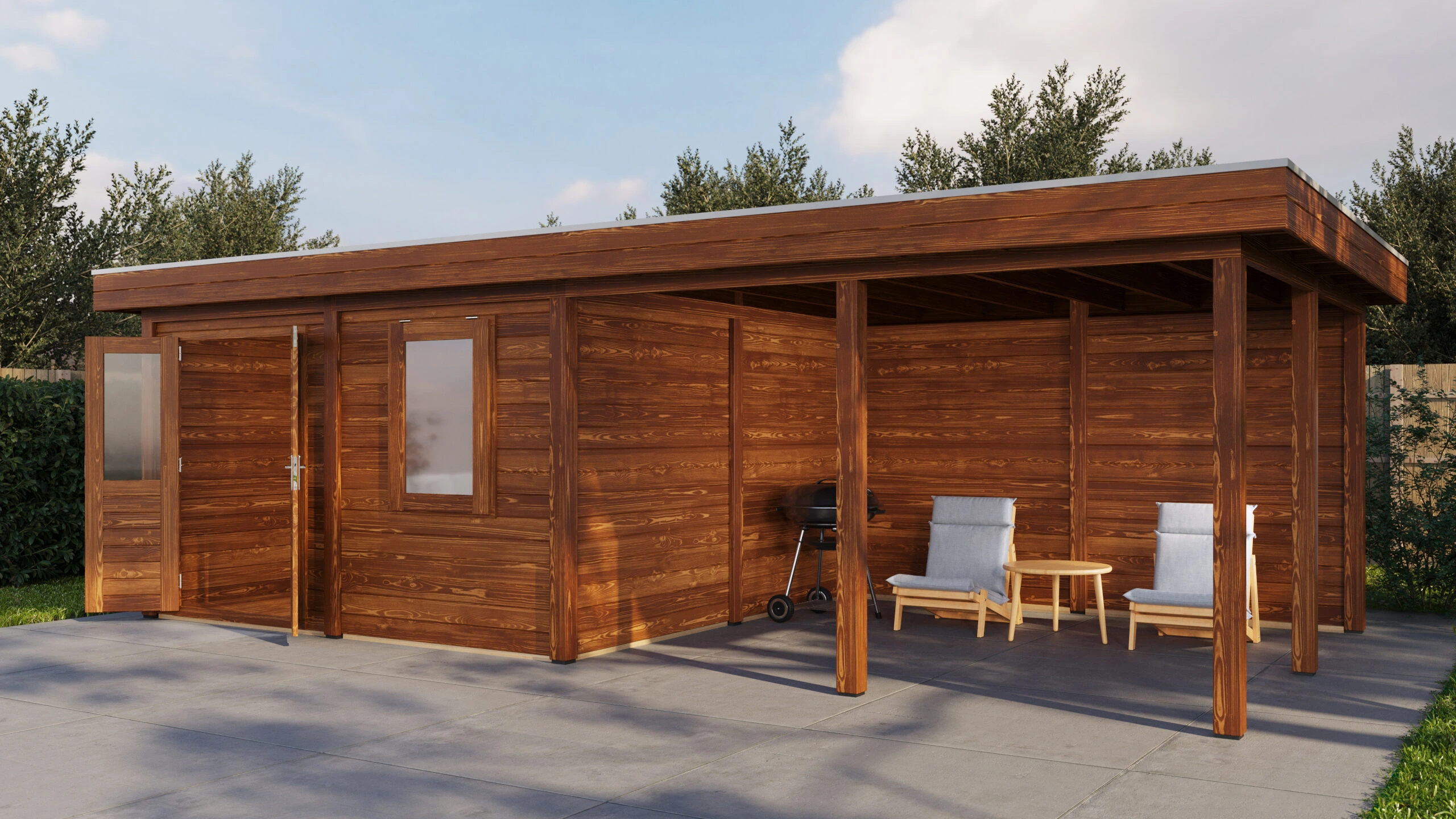 Ulm: Lugarde Select Modern Freizeithaus 388 x 388 cm – Ansicht rechts, Tür offen, Braun, mit 400 cm Vordach, Bild 1 von 4 rechte Gartenperspektive mit geöffneter Tür: Lugarde Select Modern Gerätehaus Ulm 388 x 388 cm mit 400 cm Vordach, in warmem Braun, Darstellung 1 von 4