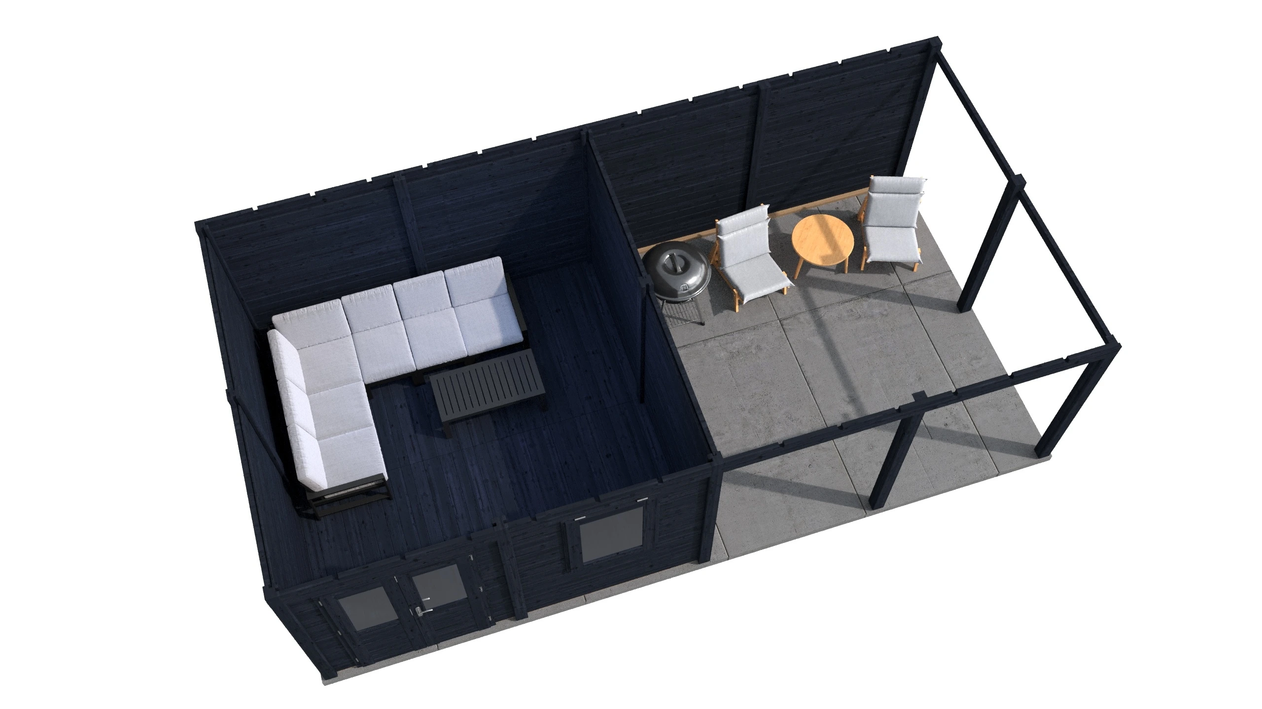 Lugarde Select Modern Ulm 388 x 388 cm als Blockhaus – Grundriss, mit 400 cm Vordach, Bild 1 von 4 Lugarde Select Modern Gartengebäude Ulm 388 x 388 cm mit 400 cm Vordach, übersichtlicher Grundriss, Motivansicht 1 von 4