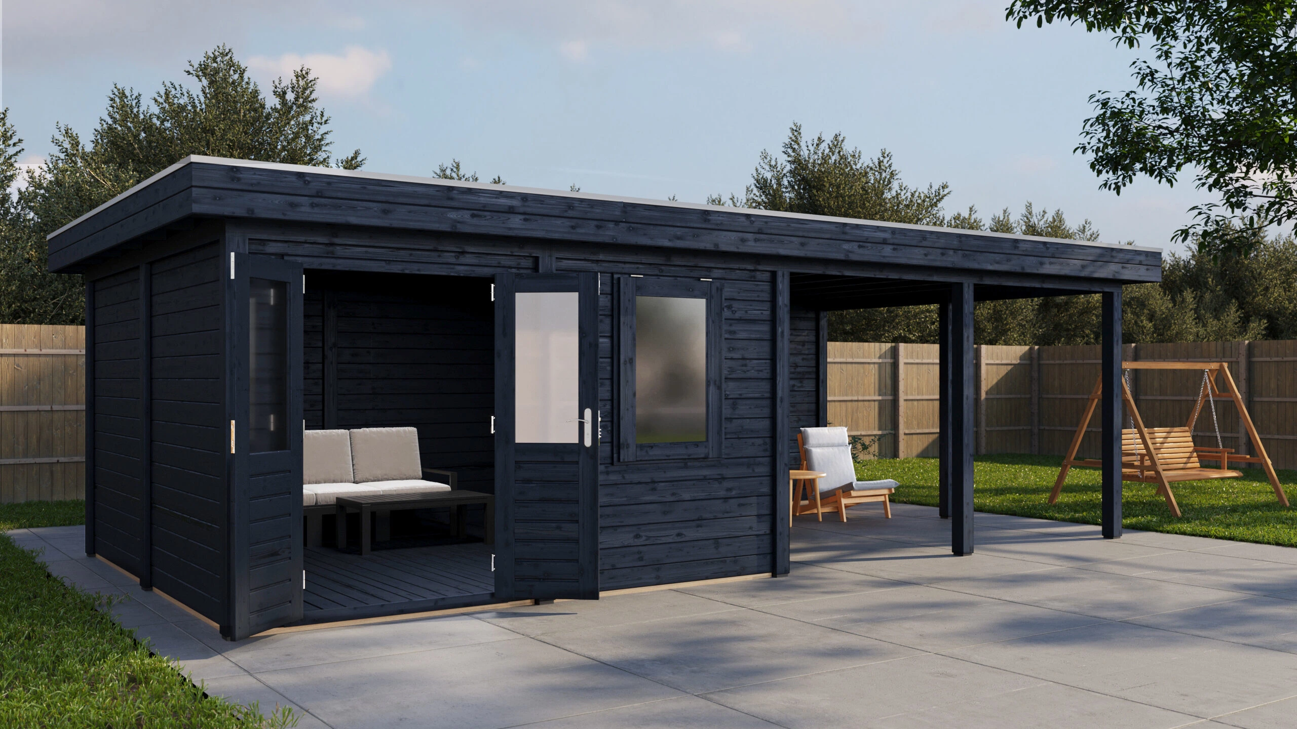 Ansicht links, Tür offen: Lugarde Select Modern Lugarde-Haus Ulm 388 x 388 cm, Schwarz, mit 400 cm Vordach, Bild 1 von 4 Ulm 388 x 388 cm: Lugarde Select Modern Gerätehaus mit 400 cm Vordach, in einem modernen Schwarzton, linke Gartenperspektive mit geöffneter Tür, Darstellung 1 von 4
