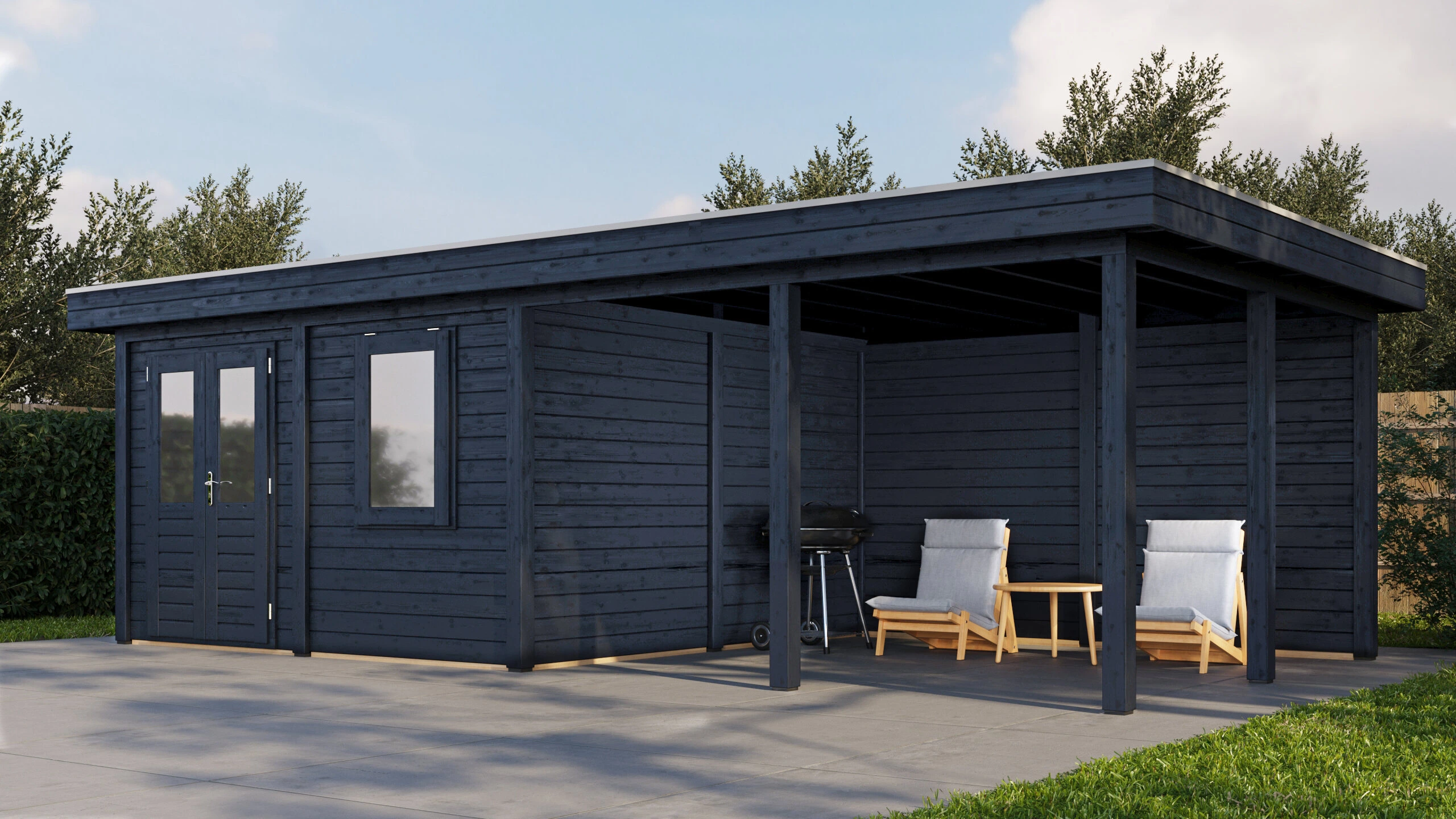 Lugarde Select Modern Sommerhaus Ulm 388 x 388 cm – Ansicht rechts, Tür geschlossen, Schwarz, mit 400 cm Vordach, Bild 1 von 4 Lugarde Select Modern Gartenstudio Ulm 388 x 388 cm mit 400 cm Vordach, in einer markanten schwarzen Ausführung, Gartenansicht von rechts bei geschlossener Tür, Produktbild 1 von 4