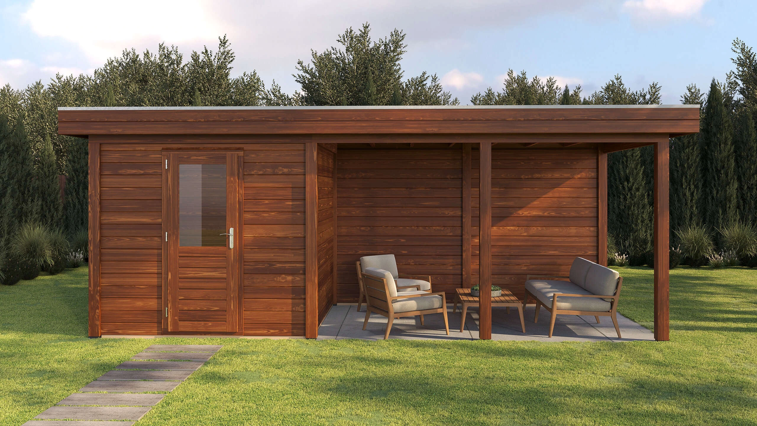 Köln 250 x 250 cm: Lugarde Select Modern Holzhaus mit 400 cm Vordach, in brauner Holzoptik, mittlere Gartenperspektive bei geschlossener Tür, Bildvariante 1 von 18
