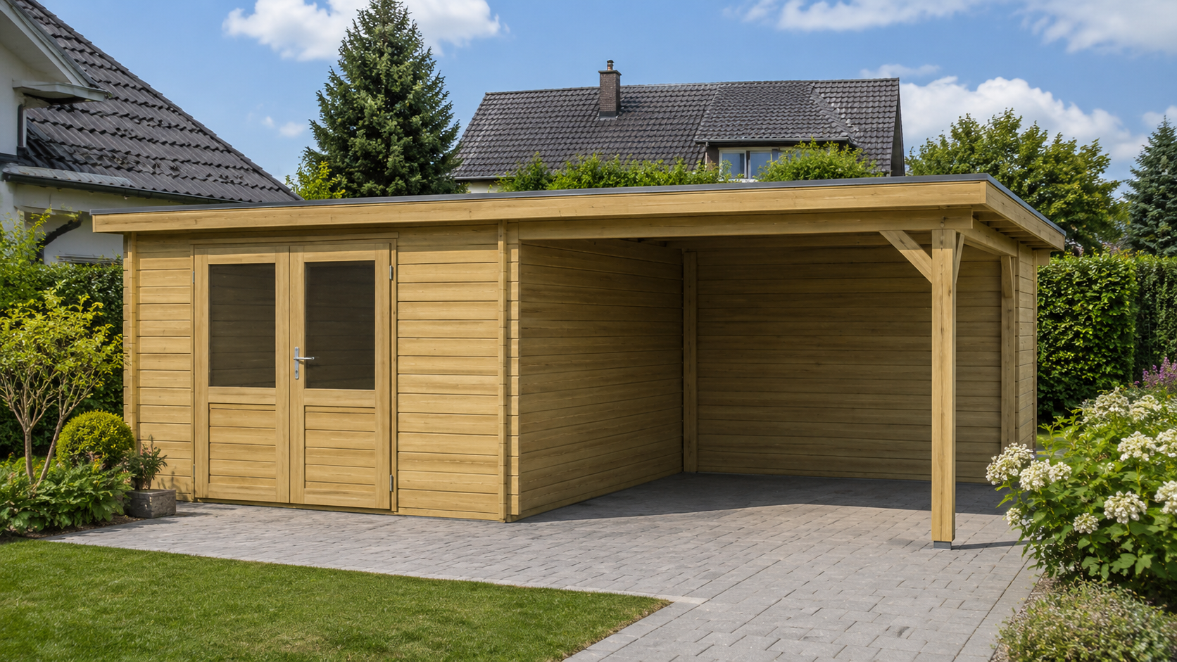 Lugarde Gartenhaus aus Holz Sonnenblume 300 x 300 cm mit 300 cm Überdachung in der Frontansicht