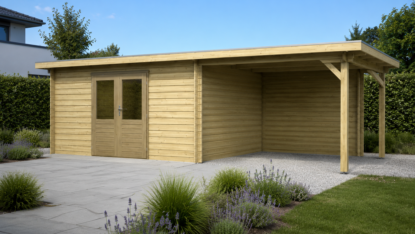 Lugarde Blockhaus Lilie 400 x 250 cm mit 300 cm Seitendach in der Frontansicht für eine übersichtliche Produktpräsentation