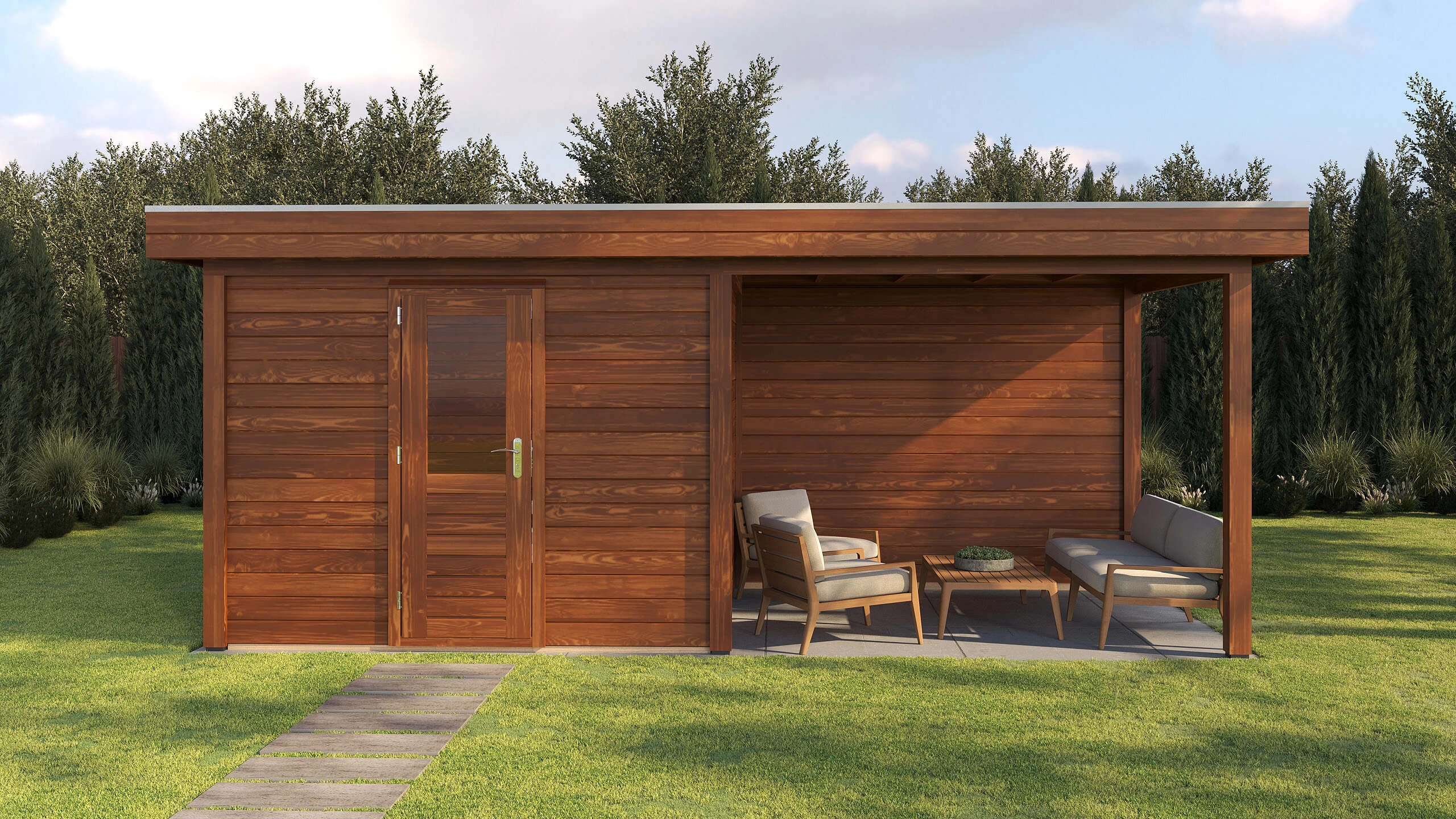 Nürnberg 300 x 250 cm: Lugarde Select Modern Holzhaus mit 300 cm Vordach, in einer warmen braunen Ausführung, mittlere Gartenperspektive bei geschlossener Tür, Produktbild 1 von 18