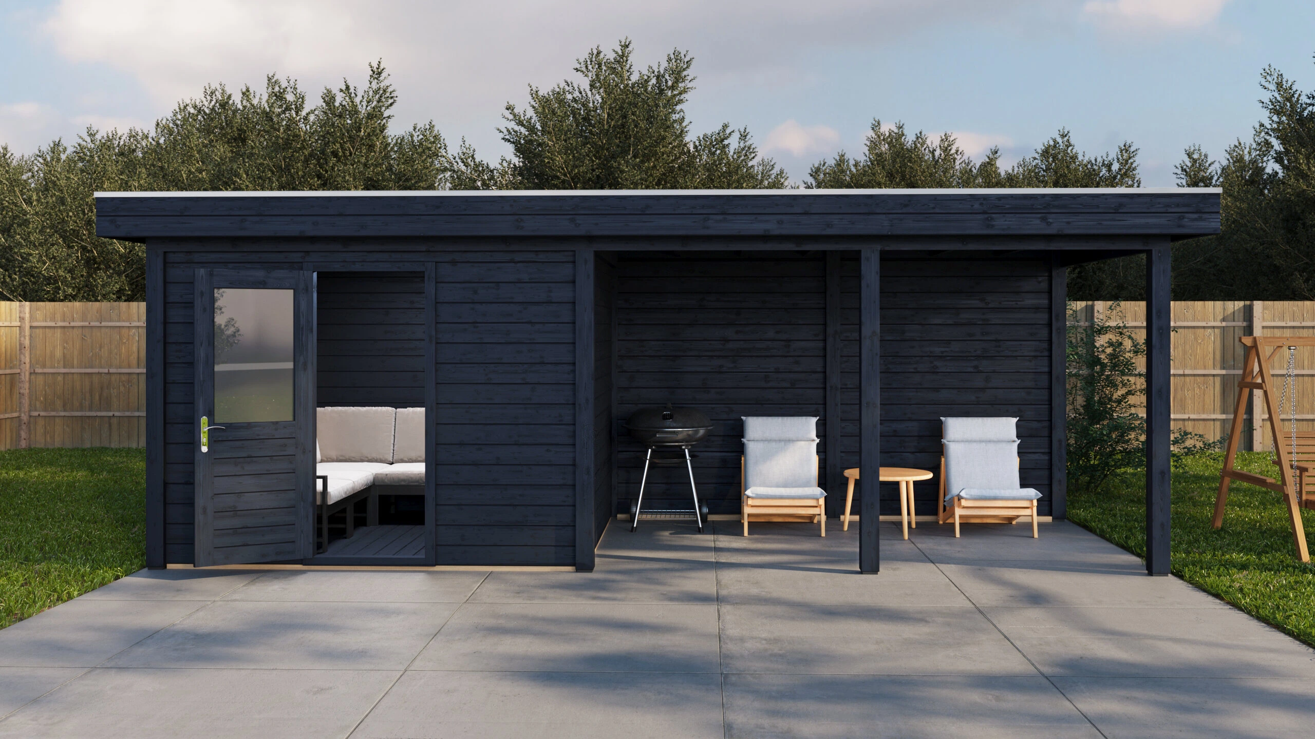 Duisburg 300 x 250 cm: Lugarde Select Modern Sommerhaus mit 400 cm Vordach, in elegantem Schwarz, Gartenansicht aus mittlerer Perspektive mit geöffneter Tür, Darstellung 1 von 18