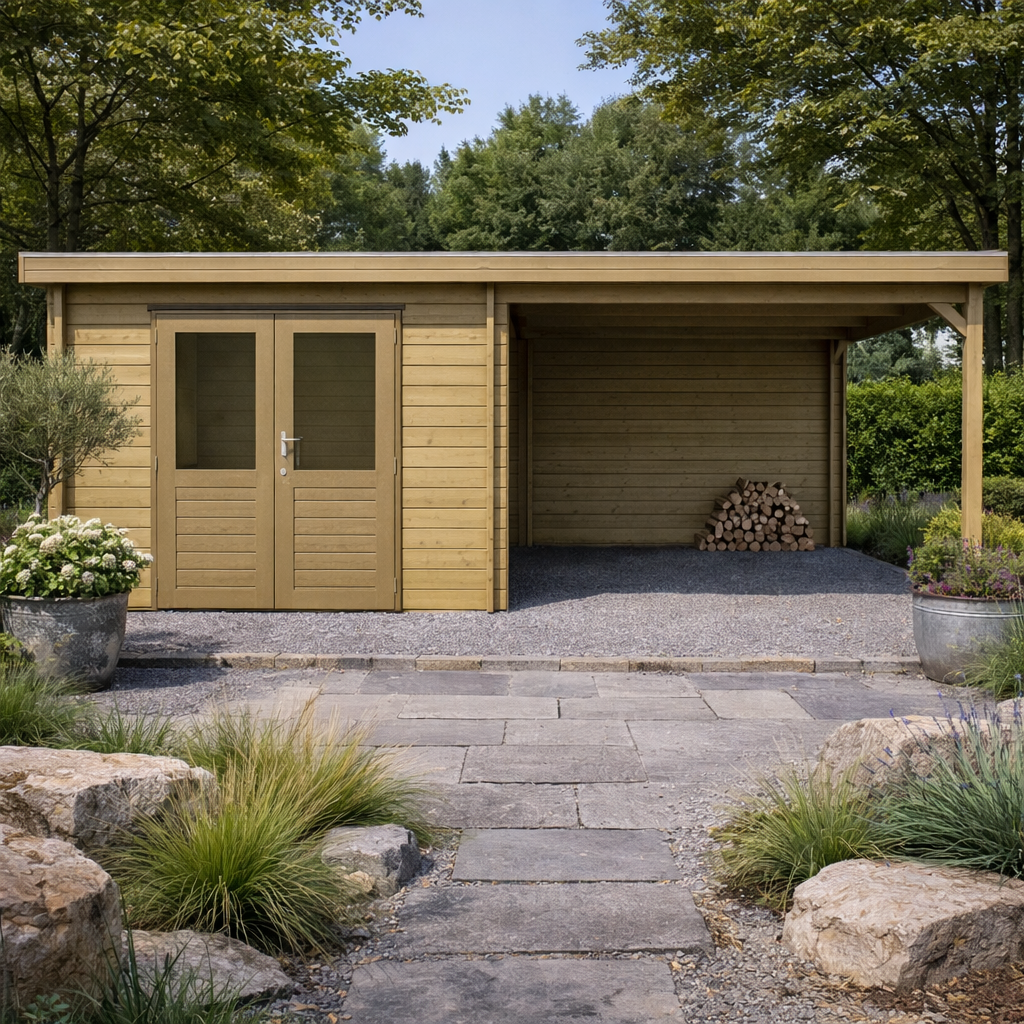 Lugarde Gartenhaus Lavendel 400 x 300 cm mit 300 cm Überdachung in der Dachansicht