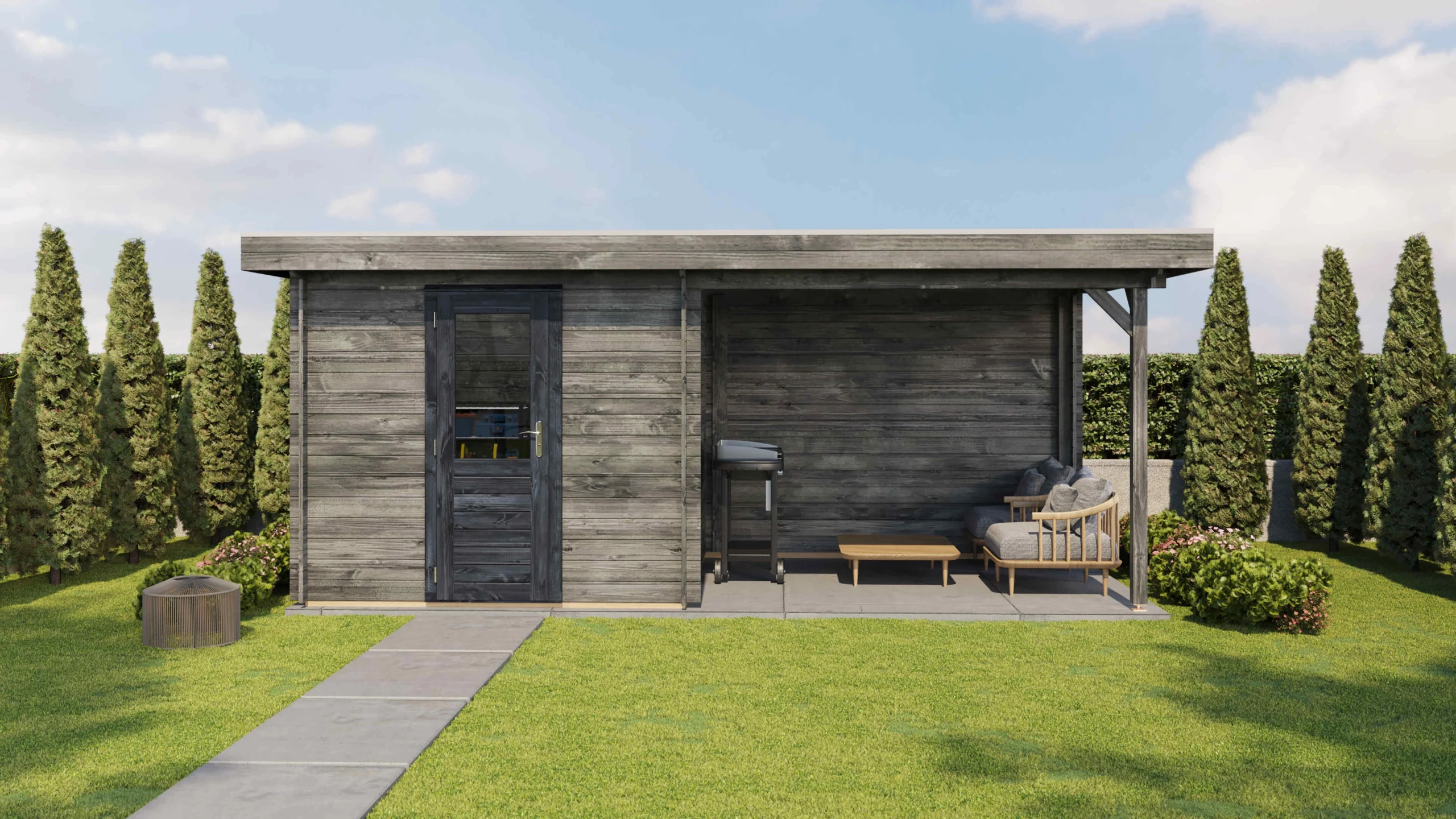 Produktbild 1 von 7: Lugarde Select Blockhaus Amberg 250 x 250 cm in grau imprägnierter Ausführung, mit 300 cm Vordach auf der rechten Seite, Frontalansicht
