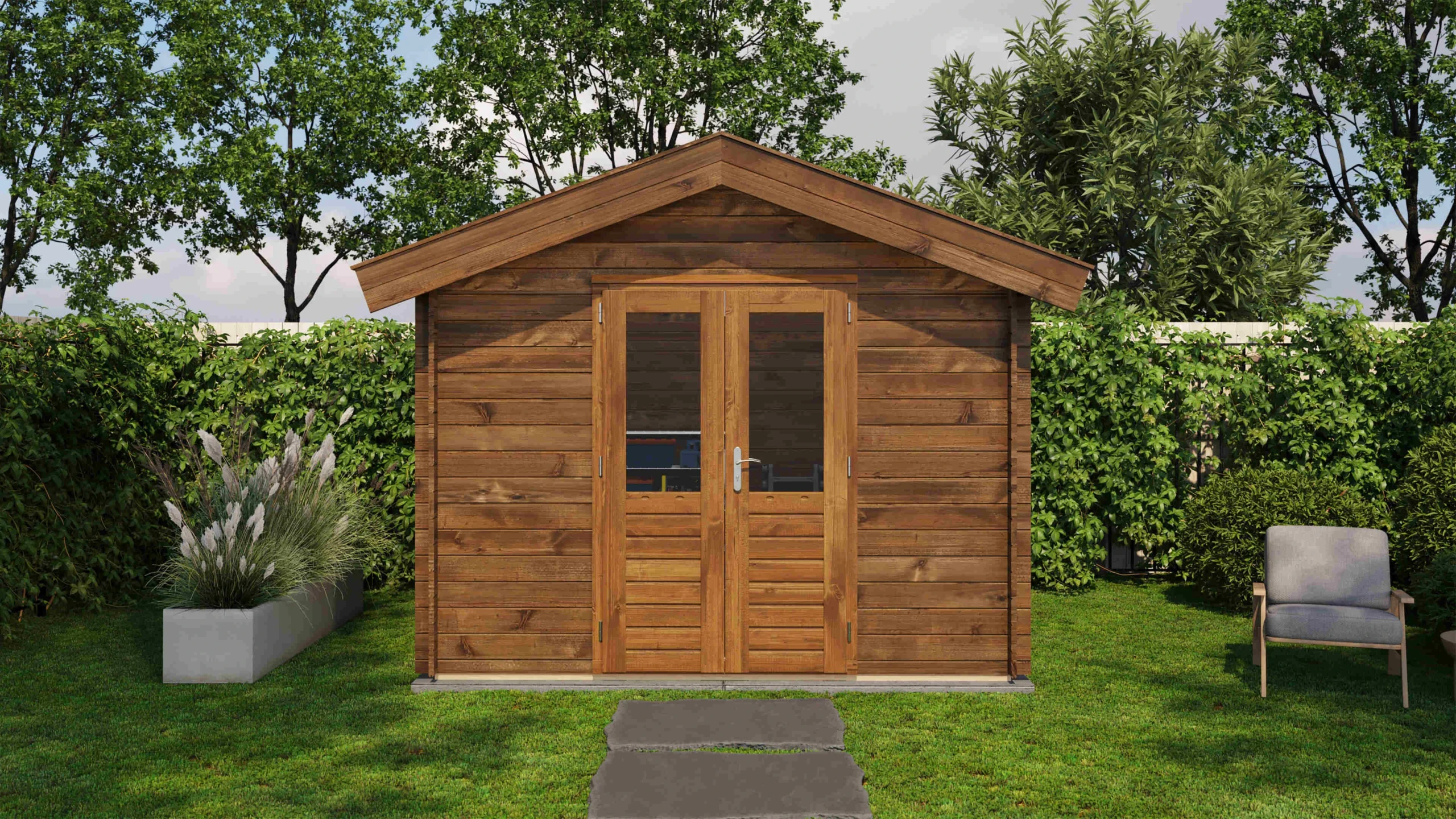 Lugarde Select Holzhaus Esslingen 300 x 250 cm, braun imprägniert, Frontalansicht, Produktbild 1 von 7