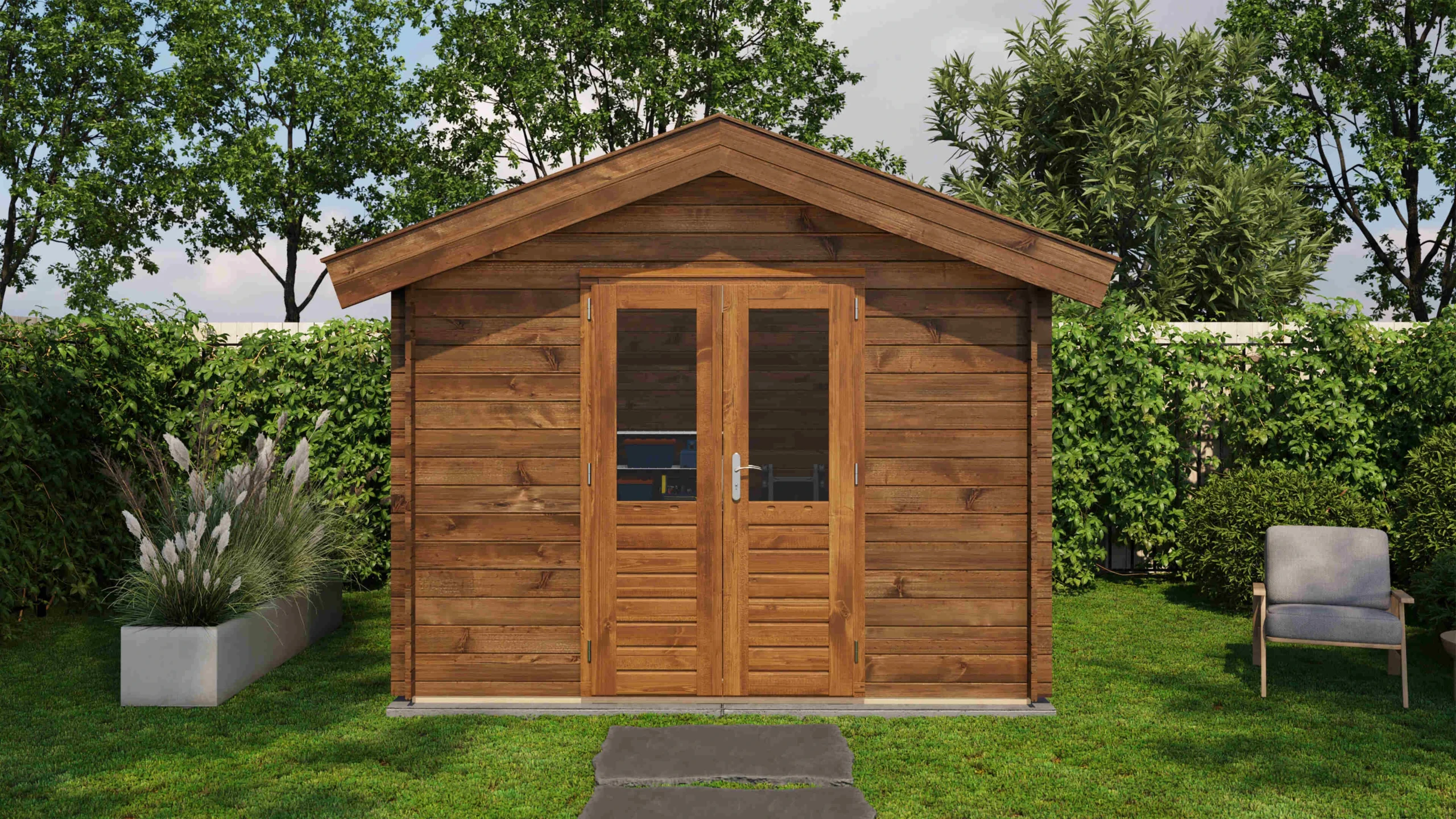 Blick auf die Eingangsseite – Lugarde Select Blockbohlenhaus Friedrichshafen 300 x 300 cm, braun imprägniert, Bildvariante 1 von 7