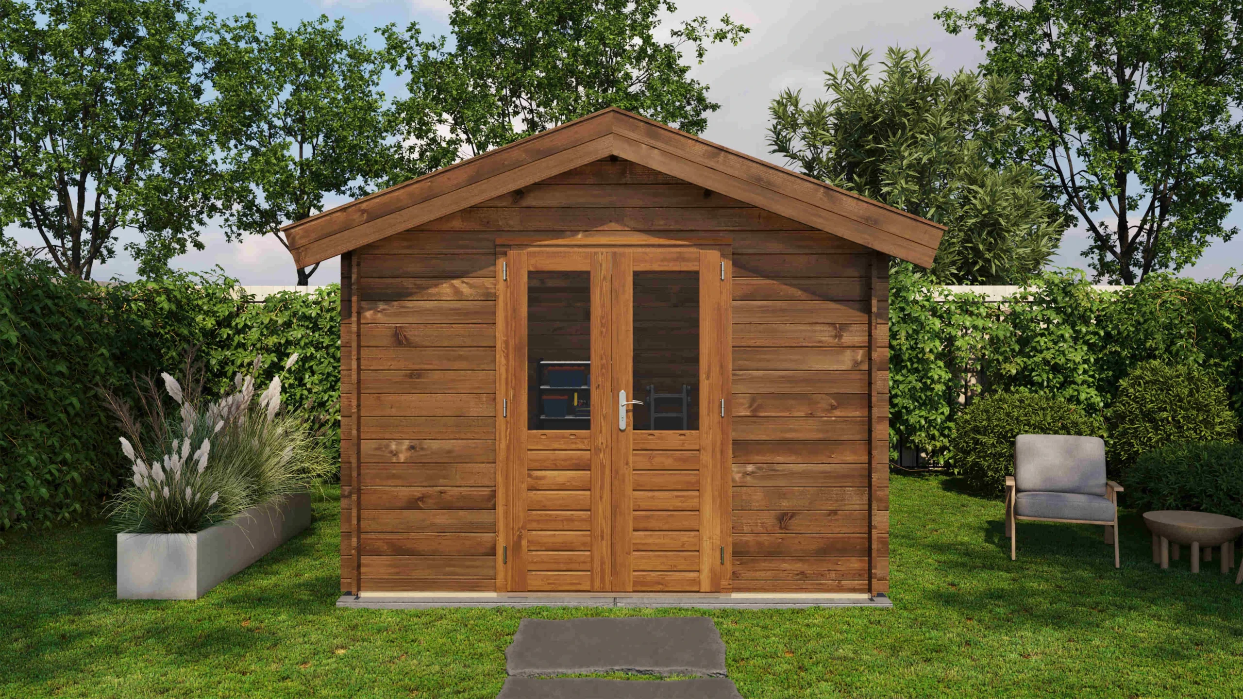 Aufnahme 1 von 7: Lugarde Select Blockhaus Fürth 300 x 400 cm in braun imprägnierter Ausführung, Frontalansicht