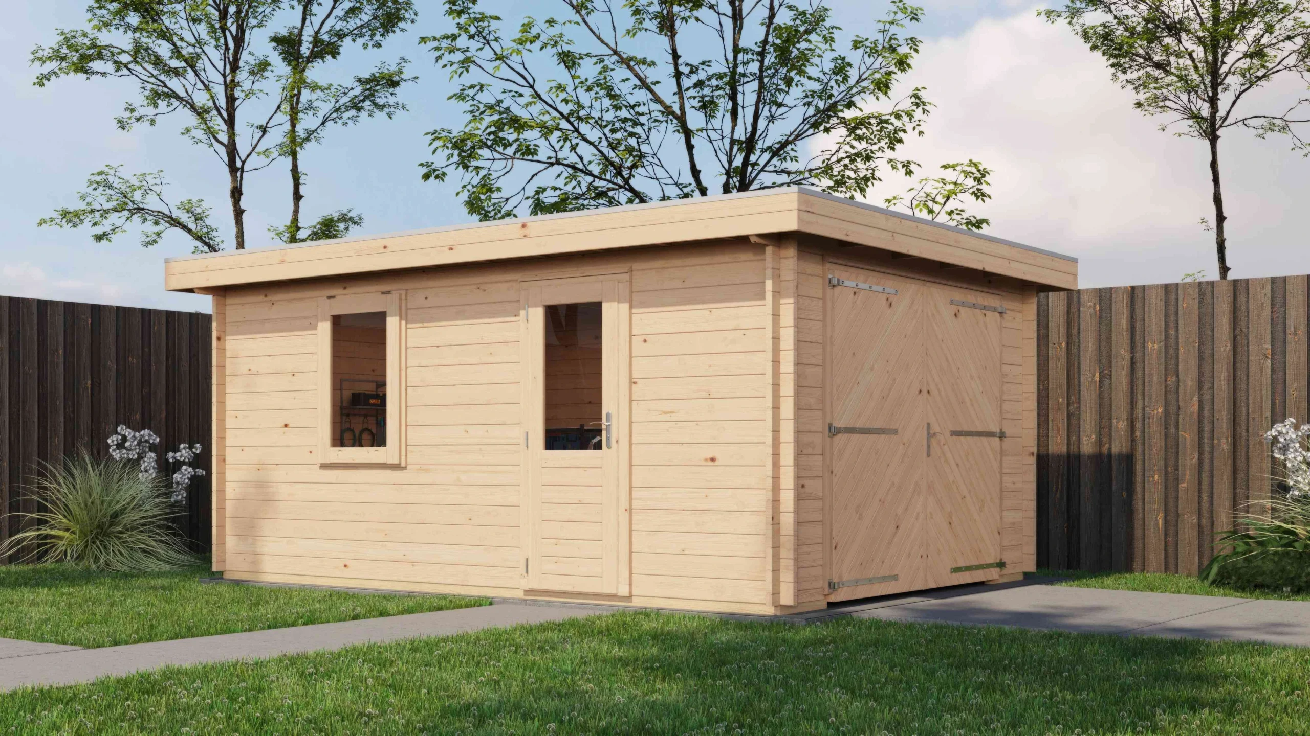 Darstellung 1 von 7: Lugarde Select Sommerhaus Detmold 350 x 500 cm in naturbelassener Ausführung, mit praktischem Garagentor, rechte Seitenansicht
