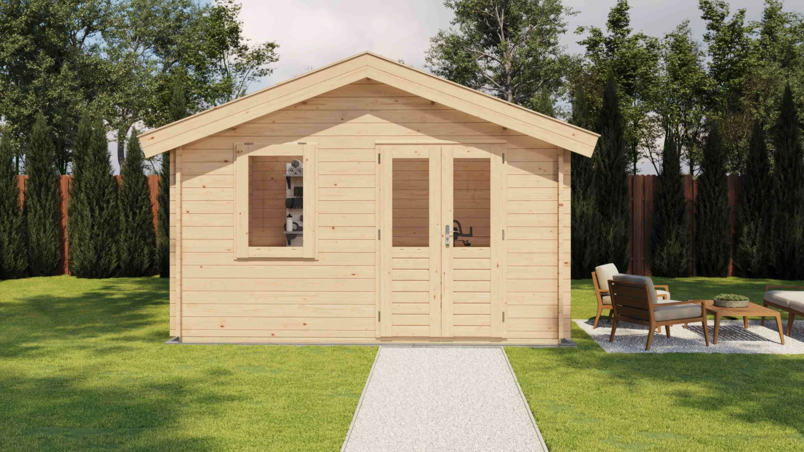 Aufnahme 1 von 7: Lugarde Select Gartenstudio Gütersloh 400 x 400 cm in naturbelassener Ausführung, Blick auf die Eingangsseite