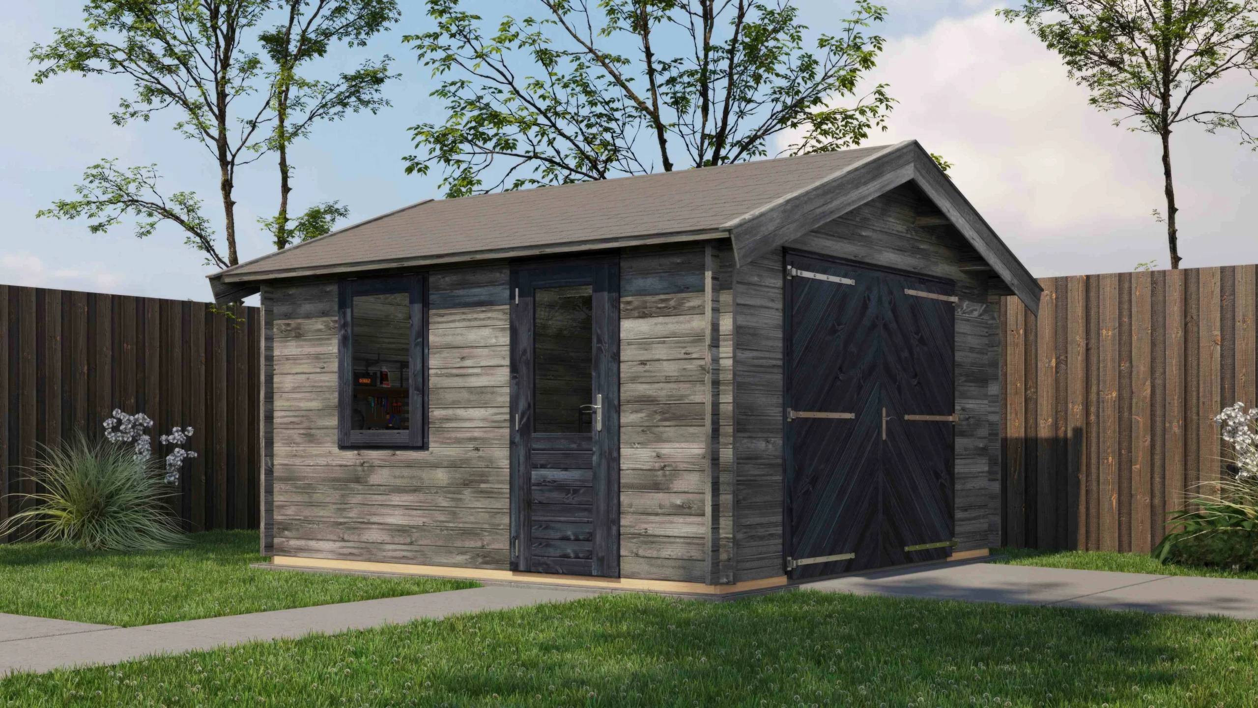 Lugarde Select Blockhaus Ingolstadt 400 x 400 cm, grau imprägniert, mit praktischem Garagentor, rechte Seitenansicht, Produktbild 1 von 7