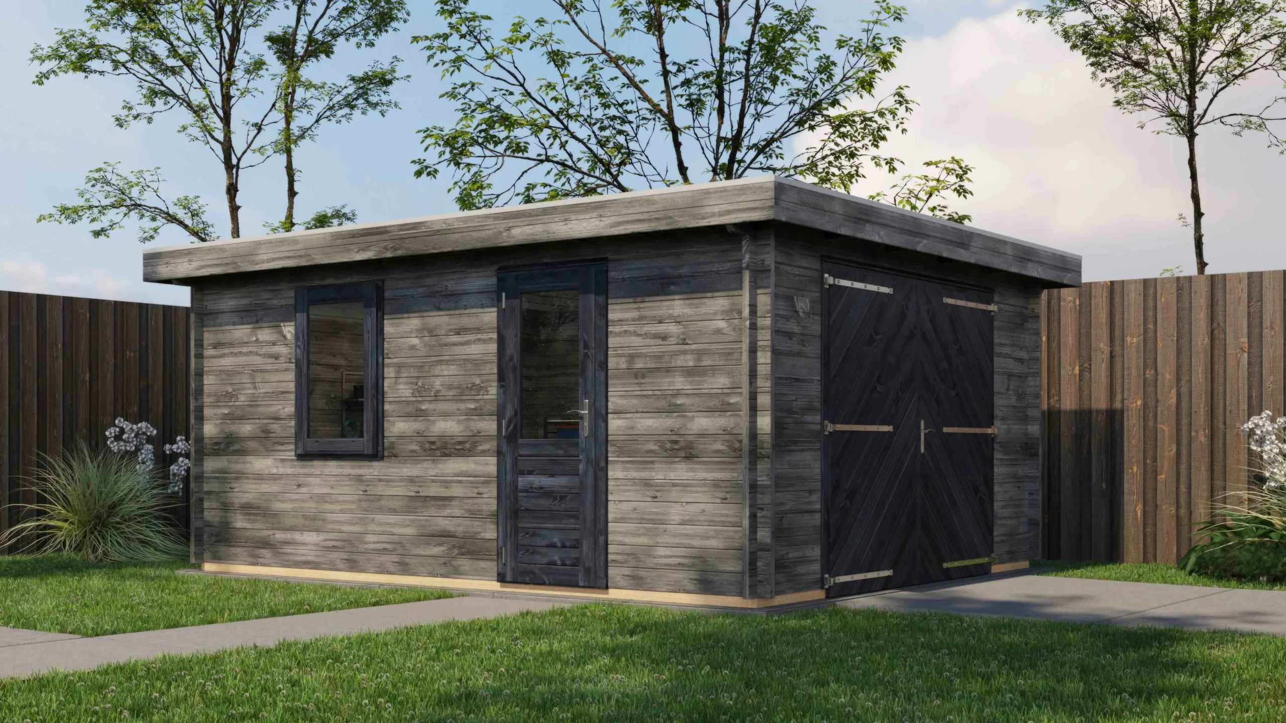 Lugarde Select Holzhaus Dorsten 400 x 500 cm, grau imprägniert, mit praktischem Garagentor, rechte Seitenansicht, Motiv 1 von 7