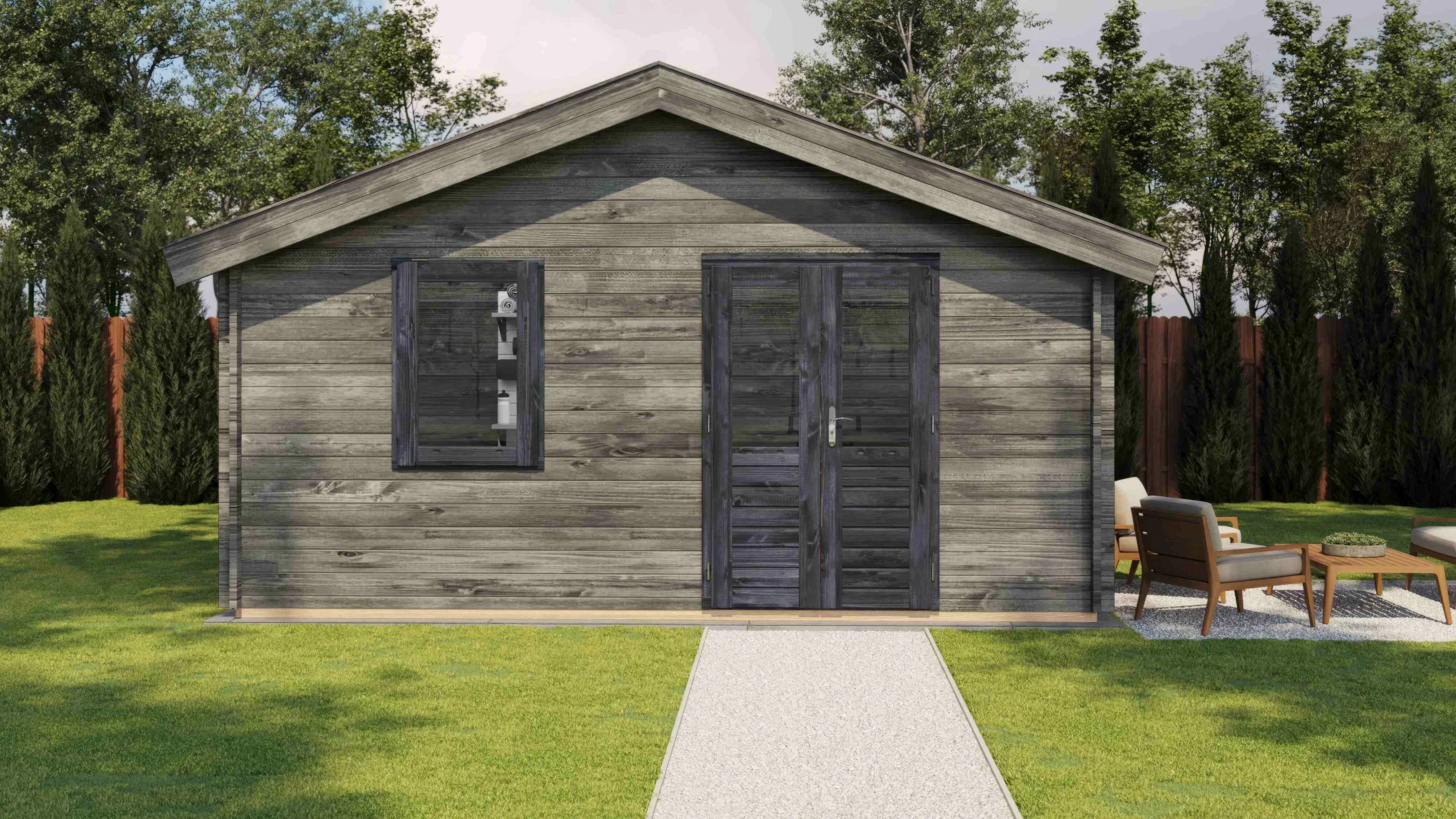 Halle 500 x 300 cm: Lugarde Select Blockbohlenhaus, Vorderansicht, grau imprägniert, Darstellung 1 von 7