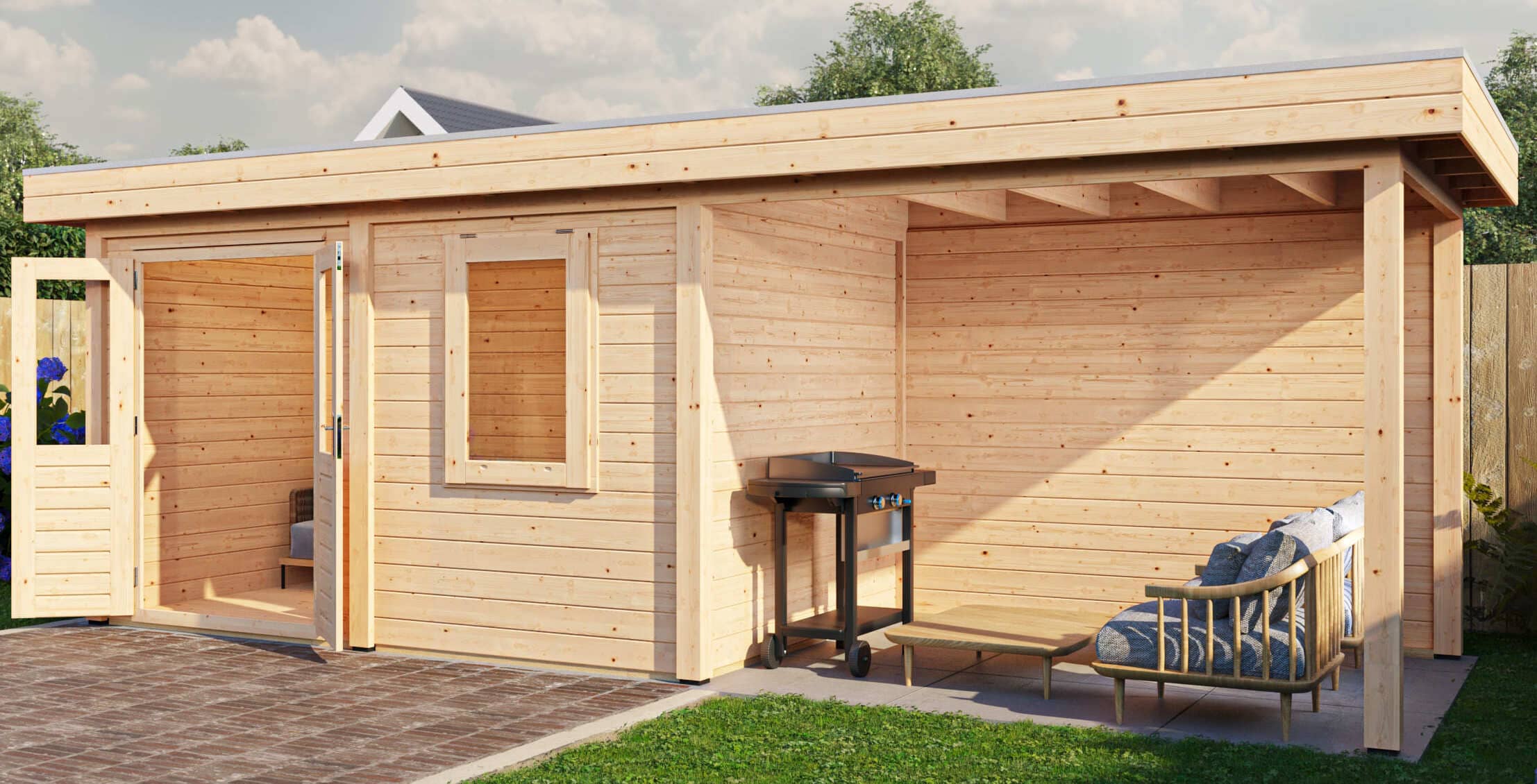 Gartenhaus Premium, maßgefertigt, farblich endbehandelt, klare Linien, seitlicher Dachüberstand, separater Abstellraum.