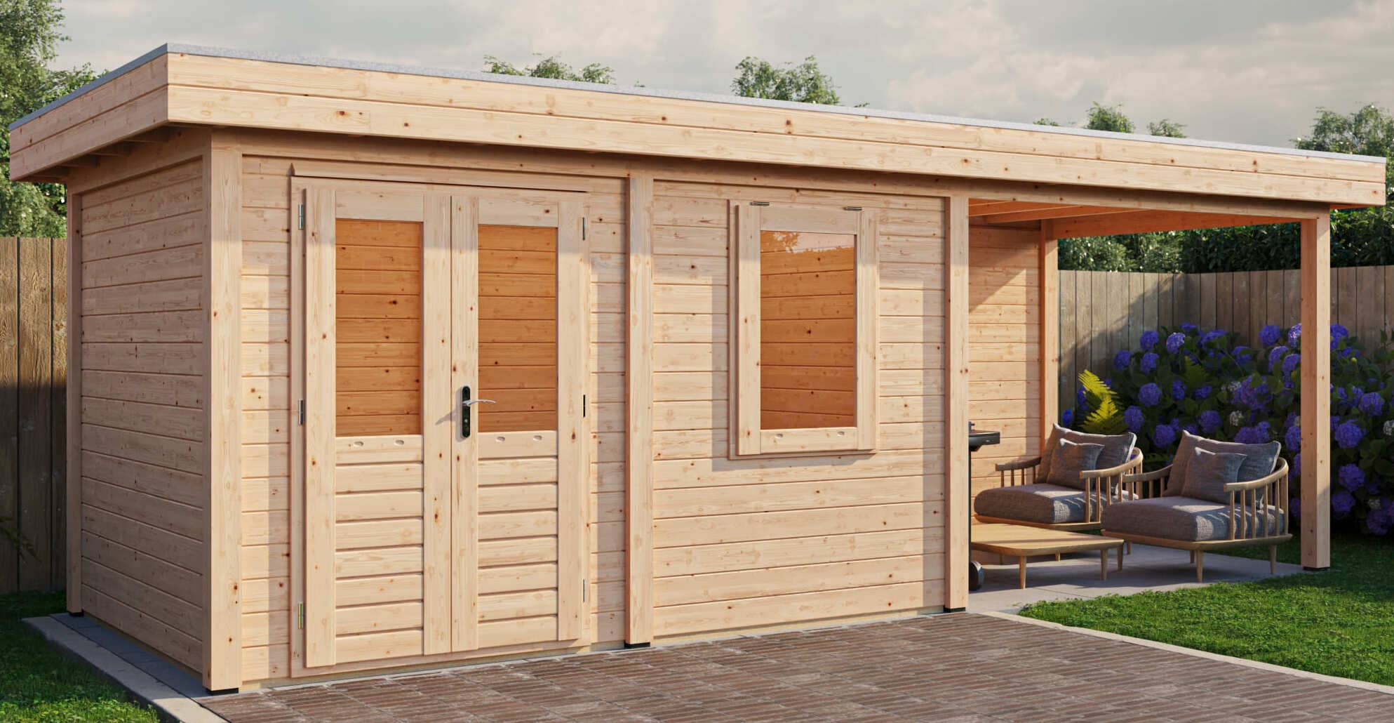 Farblich endbehandeltes Designer-Gartenhaus, Premium-Qualität, auf Maß, seitlicher Dachüberstand, eigener Abstellraum.