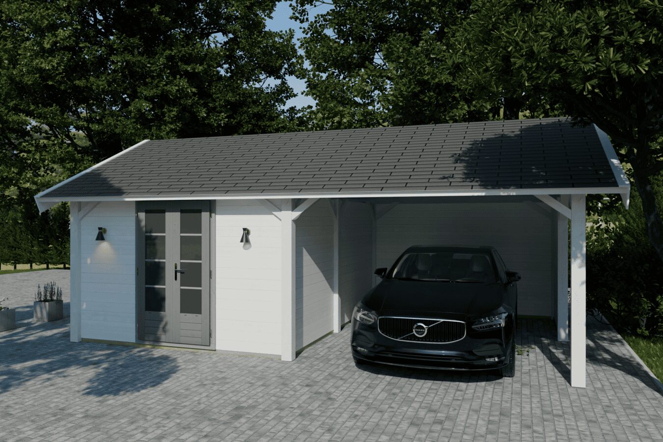 Holzgarage mit Carport vom Lugarde-Center, schützt Auto und Fahrräder und fügt sich harmonisch in den Garten.