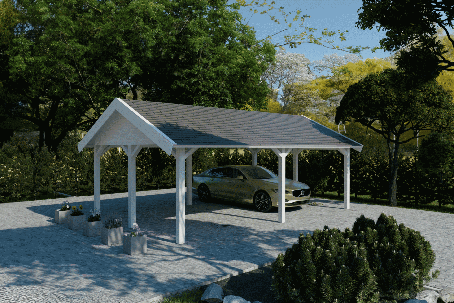 Moderner Holzcarport passend zum Wohnhaus