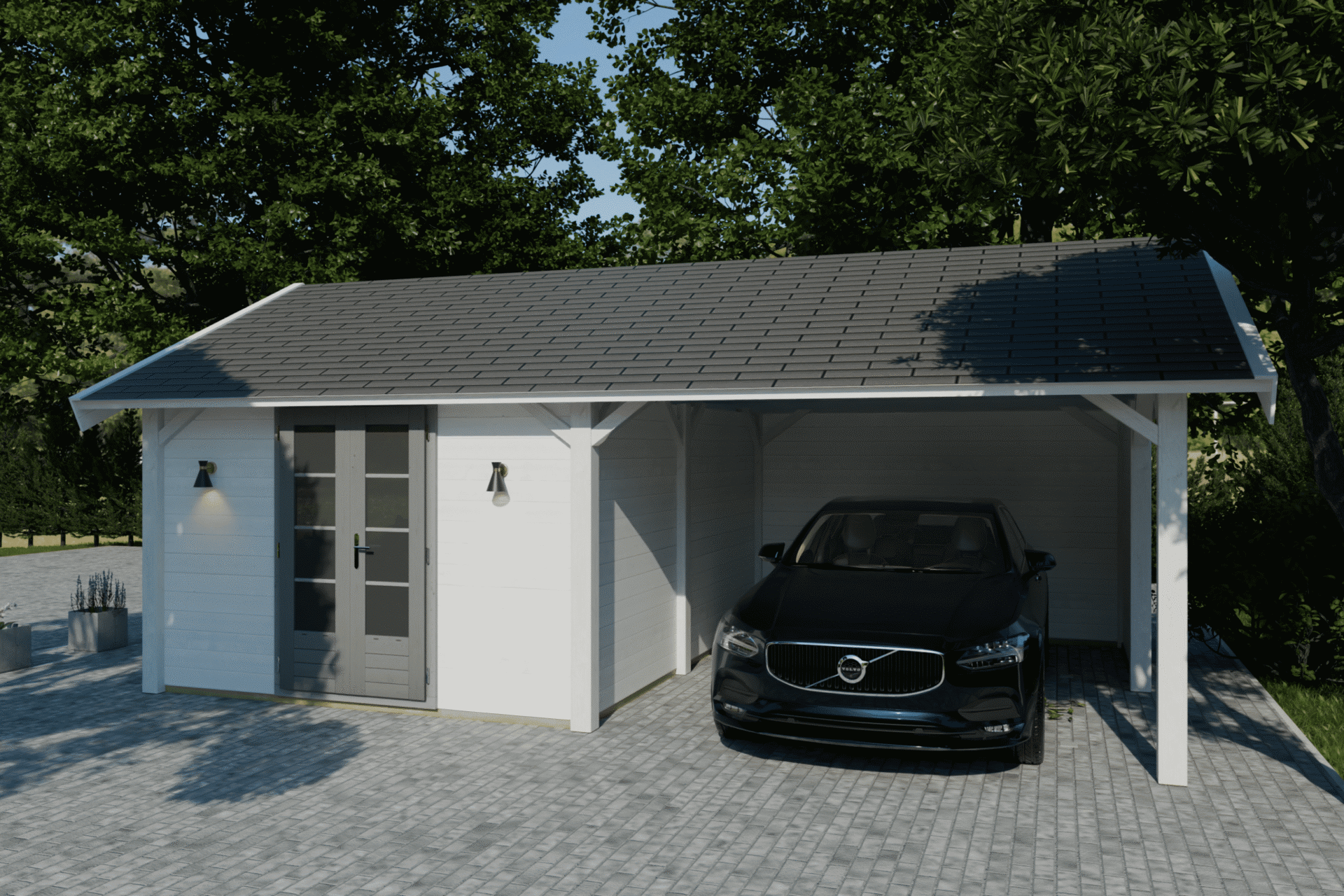 Holzcarport mit moderner Dachform