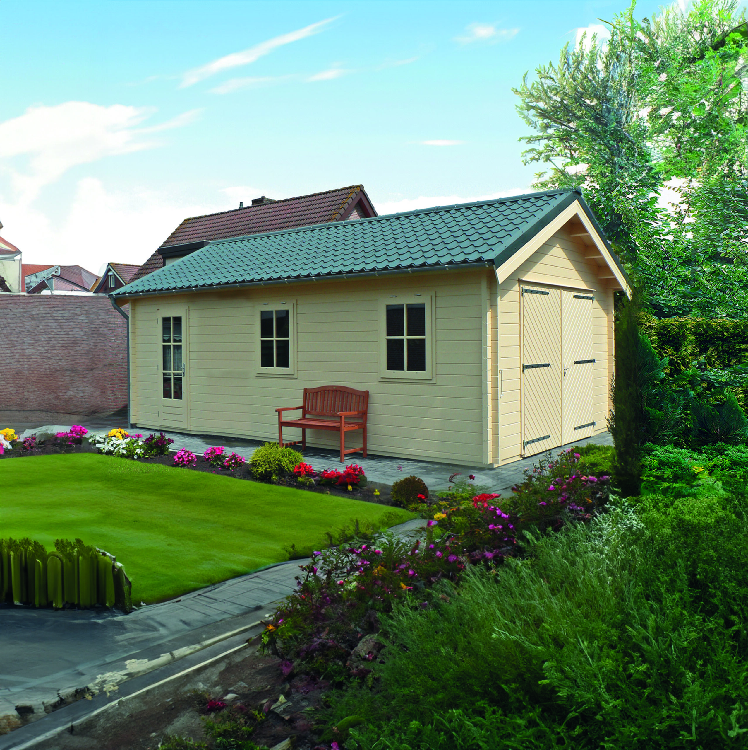 Holzgarage mit Ziegeldach-Optik von Lugarde, Design, modern, hochwertig, aus Fichte, robust, langlebig.