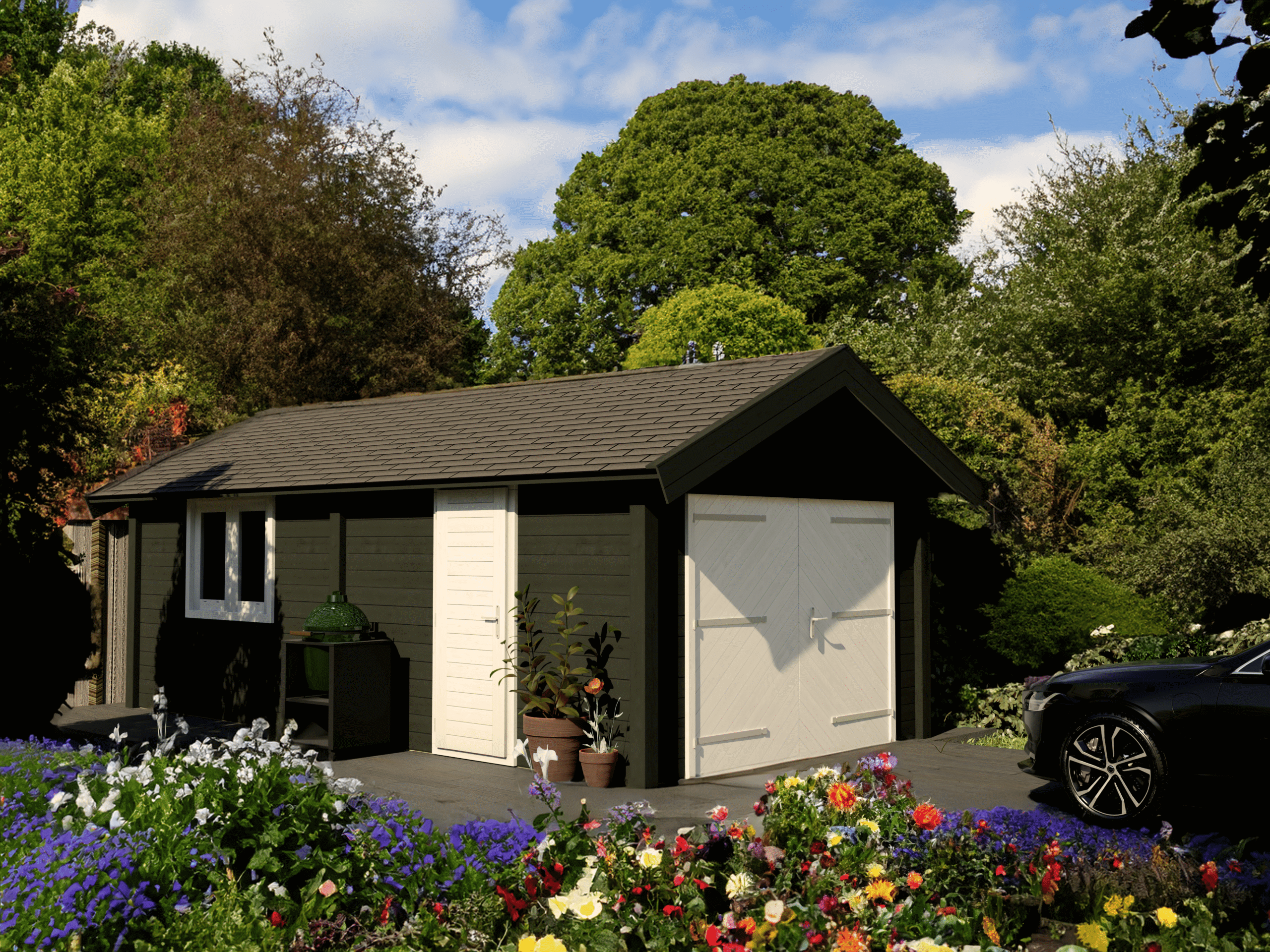 Motorradgarage aus Holz von Lugarde, kompakt, Design, modern, hochwertig, aus Fichte, robust, langlebig, mit Fenster.