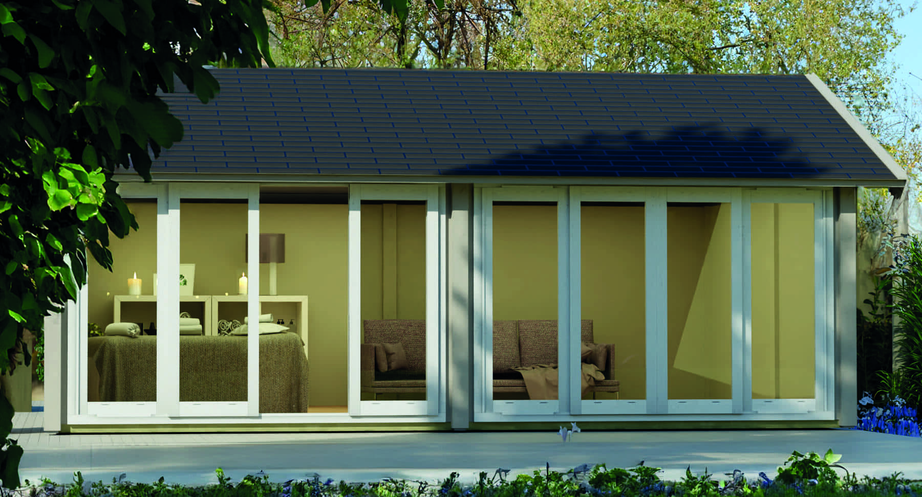 Lugarde Garten-Wohnzimmer mit Kaminoption, Glasfront, endbehandelt, maßgefertigt, behagliche Lounge, hochwertig, edel.