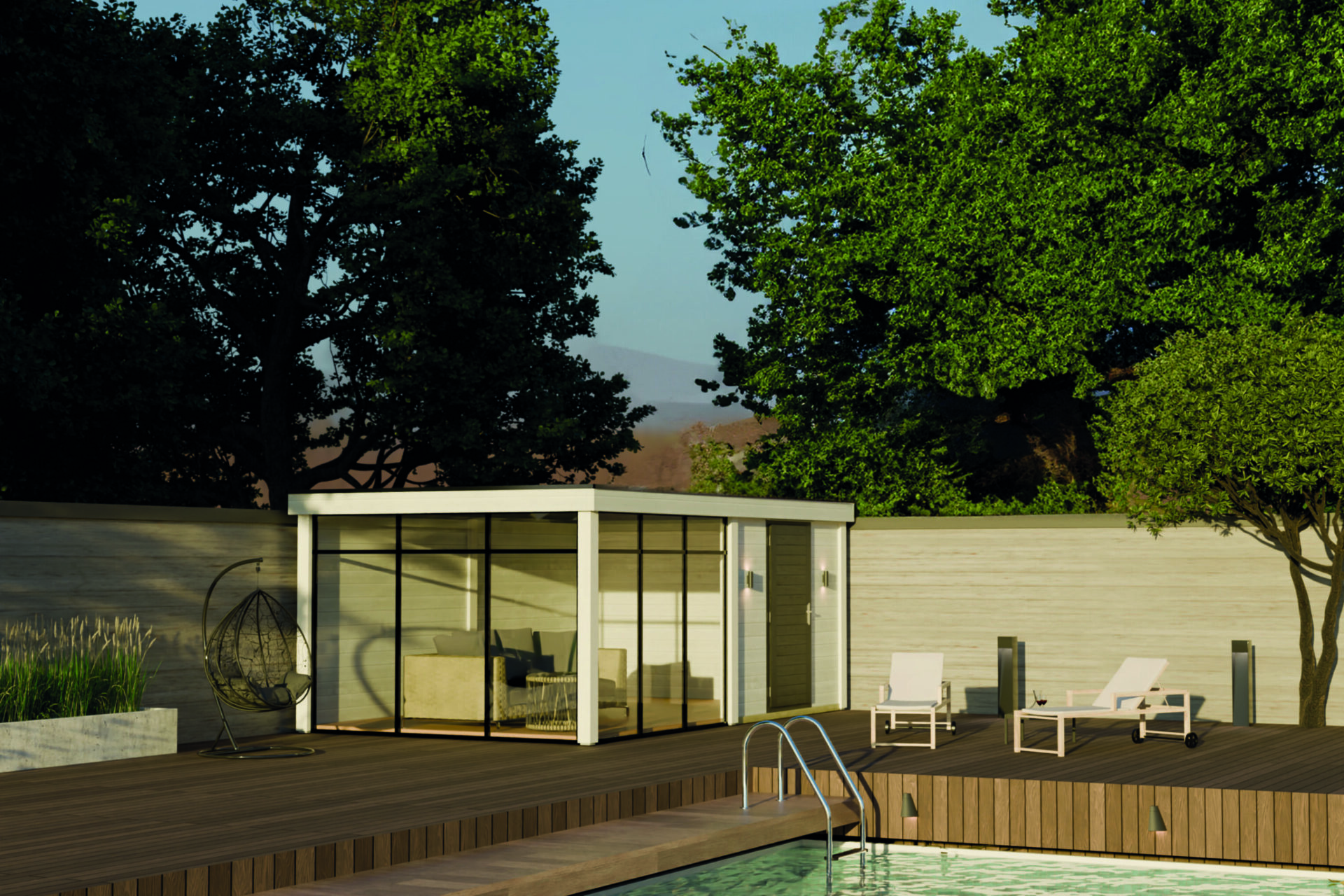 Design-Gartenwohnzimmer mit Flachdach, lichtdurchflutet; Dämmung möglich, variable Grundrisse, für kleine und große Gärten.