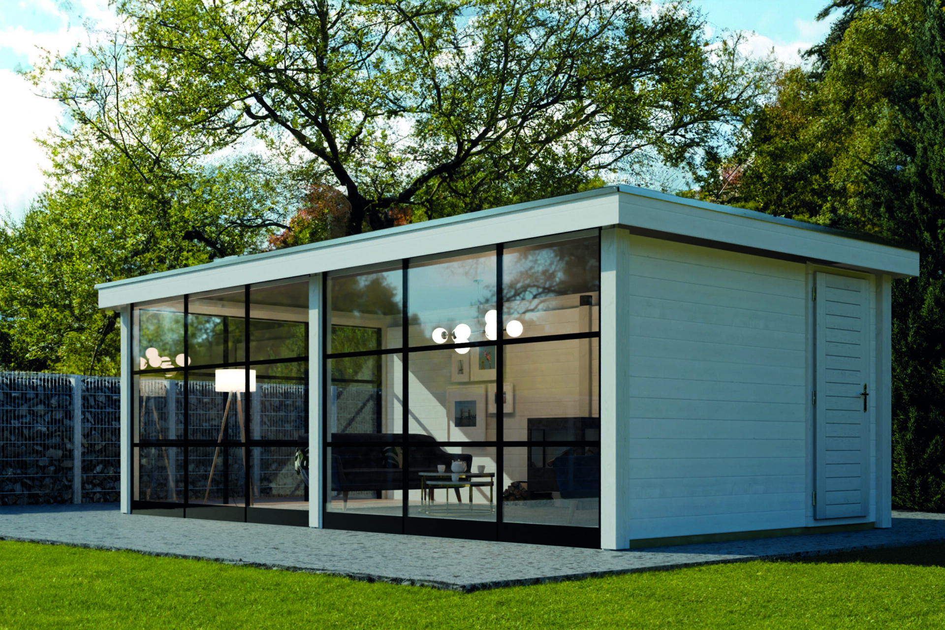 Home-Office Modul von Lugarde mit Glasfront und Oberlichtern, lichtdurchflutet, Gartenbüro, effizienter Workflow, sehr edel.