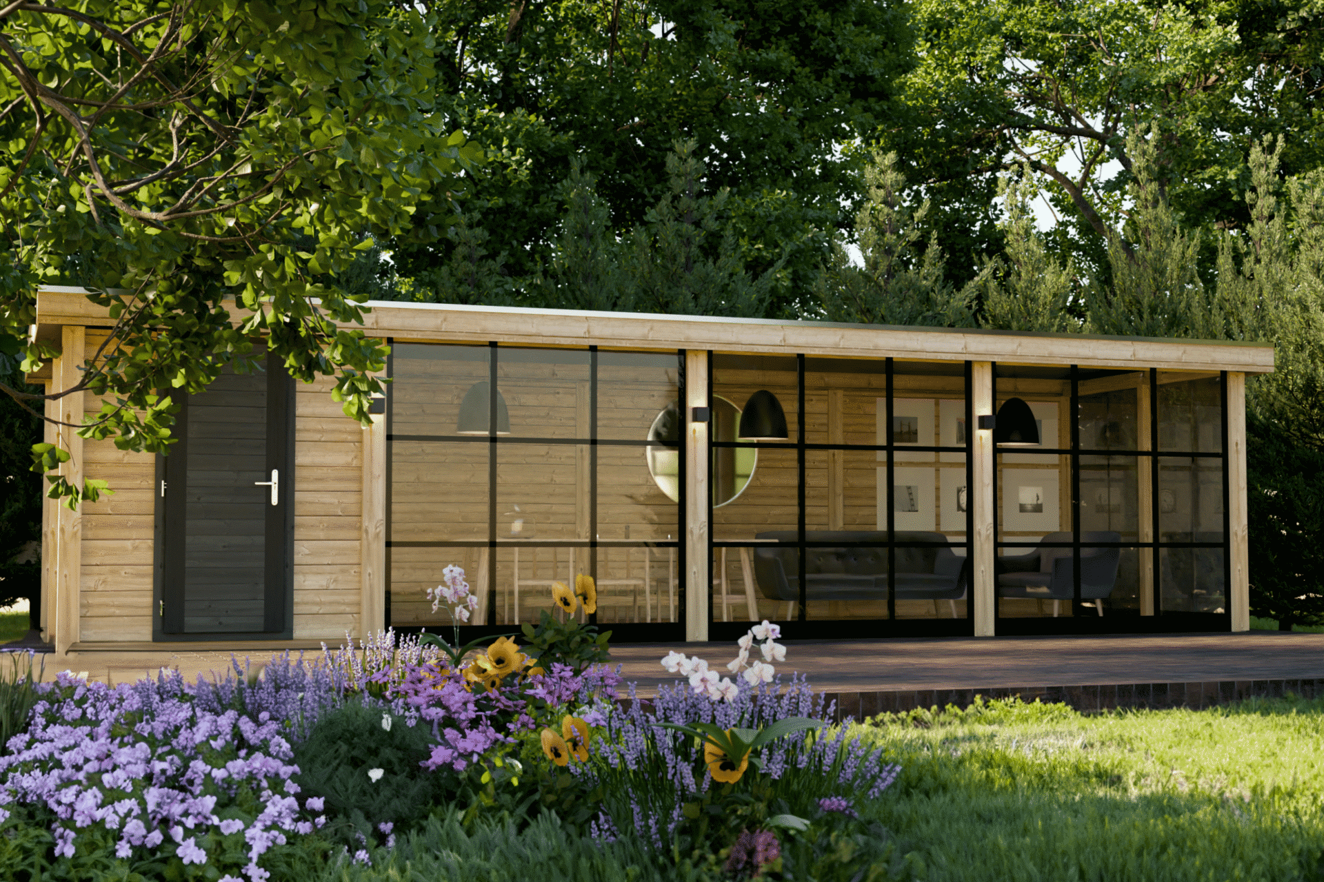 Gartenhaus nach Maß von Lugarde, farblich endbehandelt, Premium-Qualität, seitlicher Dachüberstand, getrennte Abstellräume.