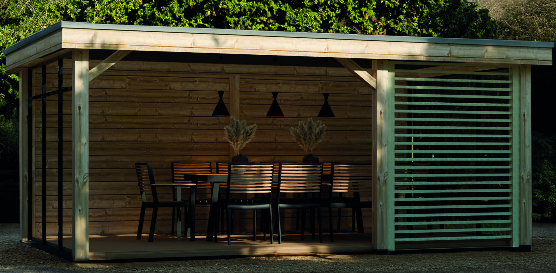 Maßgefertigtes Premium-Gartenhaus, farblich endbehandelt, moderner Look, seitlicher Dachüberstand, separater Abstellraum.