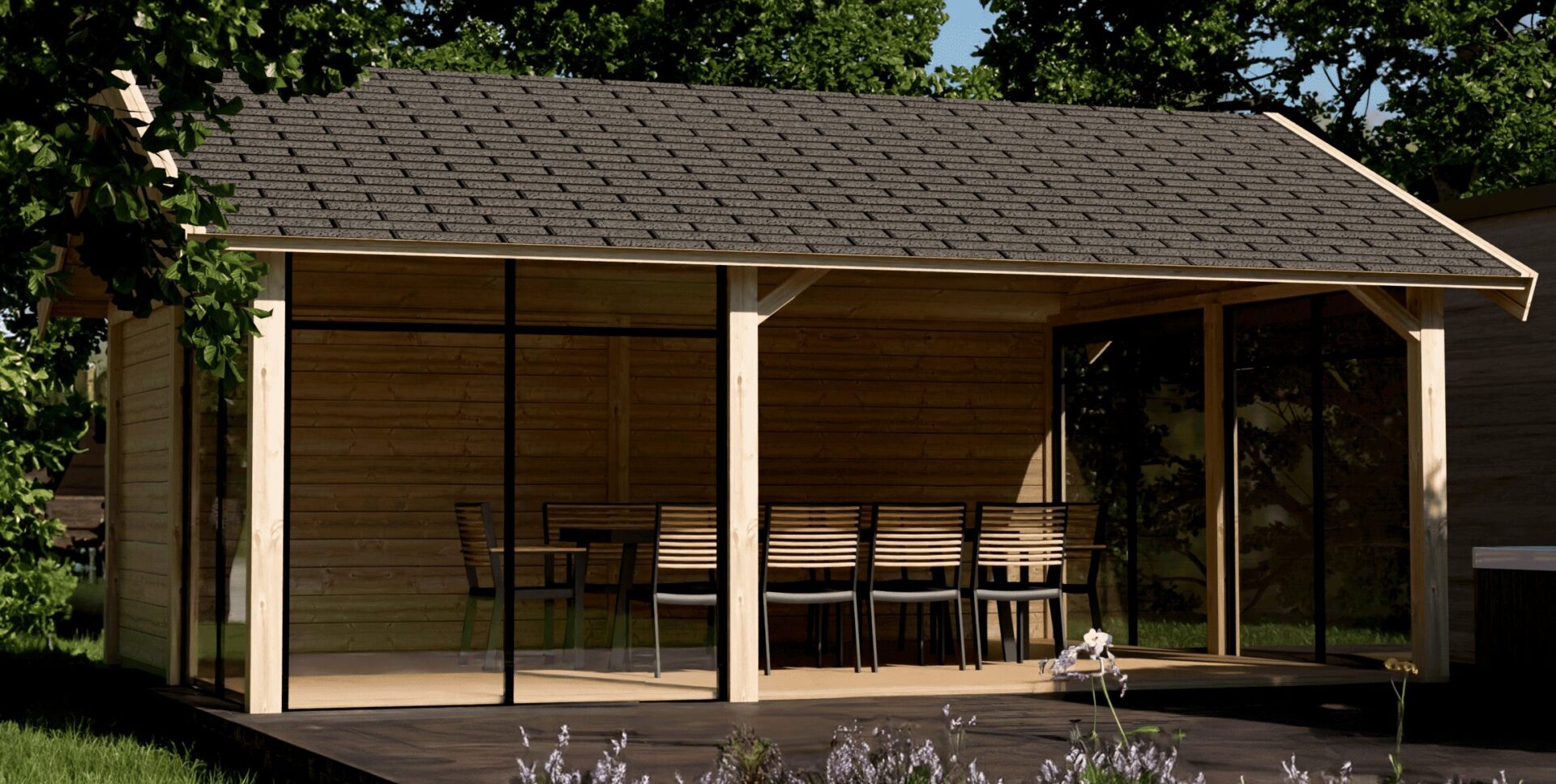 Klassisches Satteldach-Gartenhaus aus Holz von Lugarde, Poolhaus, Sommerhaus, Wochenendhaus, Freizeithaus, Gartenstudio.