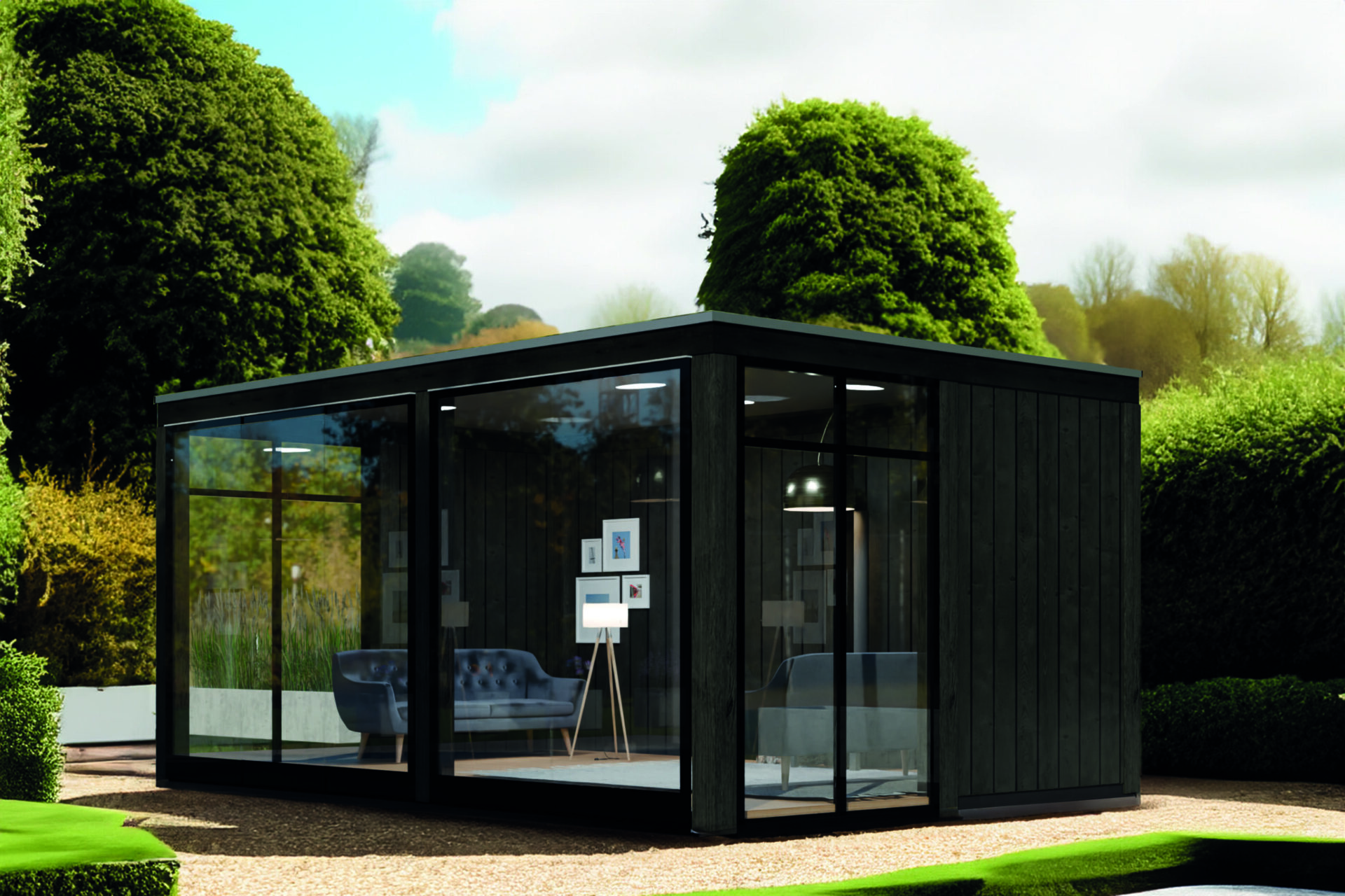 Elegantes Flachdach-Gartenhaus, Lounge-Charakter, lichtdurchflutet; viele Optionen, für kleine und große Gärten geeignet.