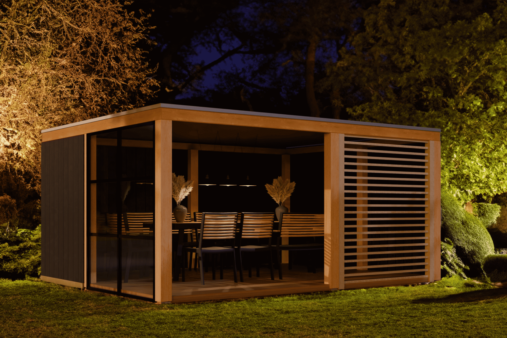 Flachdach-Loungehaus, lichtdurchflutet mit Schiebetüren; Dämmung möglich, modular gestaltbar, ideal für jeden Anlass.