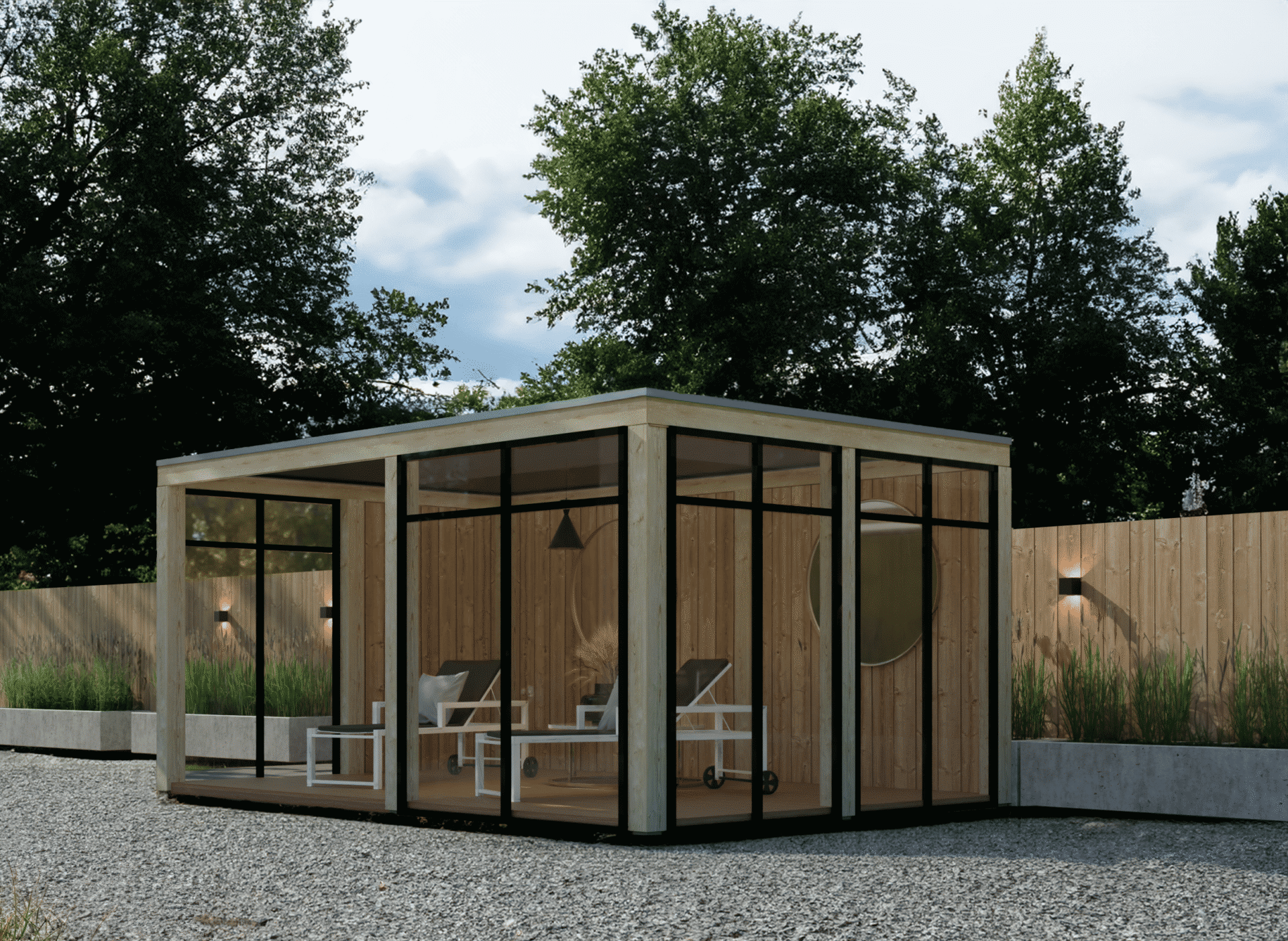 Panorama Home-Office von Lugarde, viel Glas, lichtdurchflutet, ruhiger Gartenarbeitsplatz, klare Linien, stilvoll.