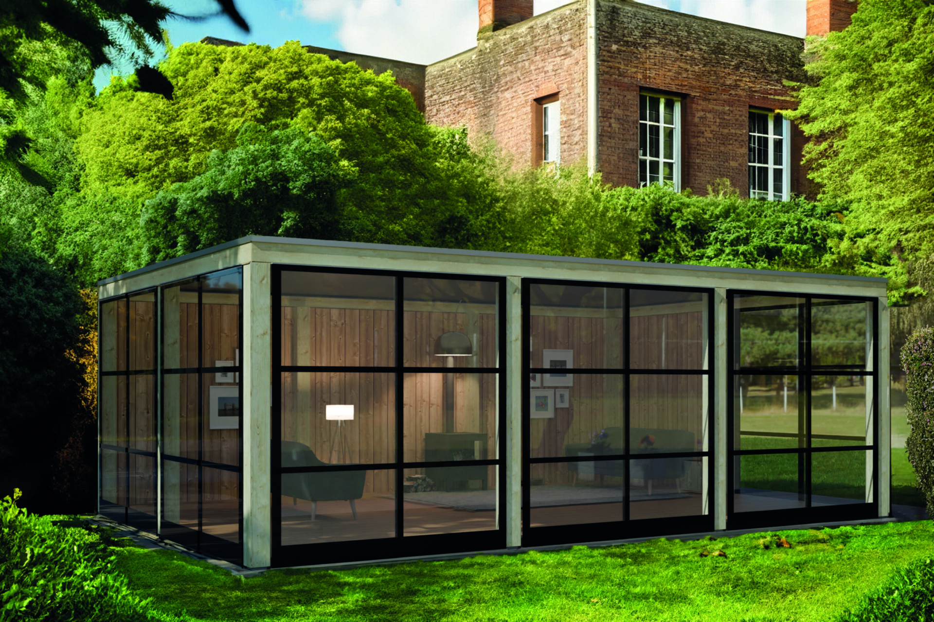Premium Flachdach-Gartenhaus als Lounge, viel Tageslicht; dämmbar, individuelle Gestaltung, mehr Wohnraum für die Familie.