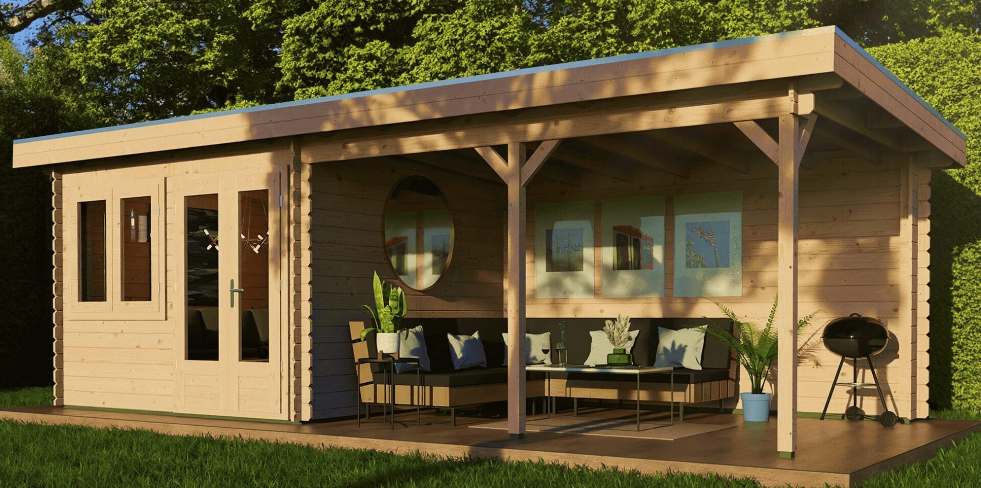 Farblich endbehandeltes Gartenhaus von Lugarde, maßgefertigt in Premium-Qualität, seitlicher Dachüberstand, separater Abstellraum.